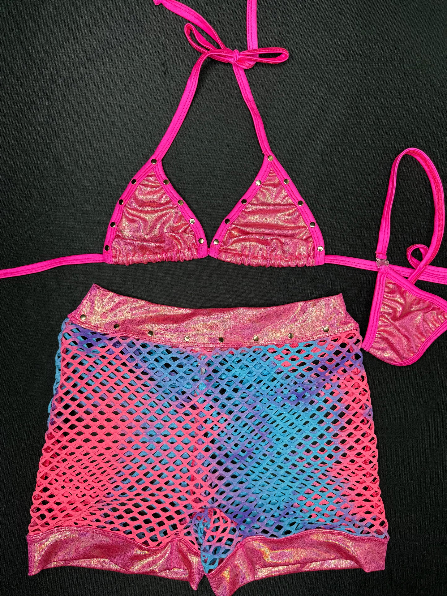Metallic Hot Pink/Cyan Ombré Fishnet Spandex Shorts/Bikini Top Two-Piece Lingerie Outfit