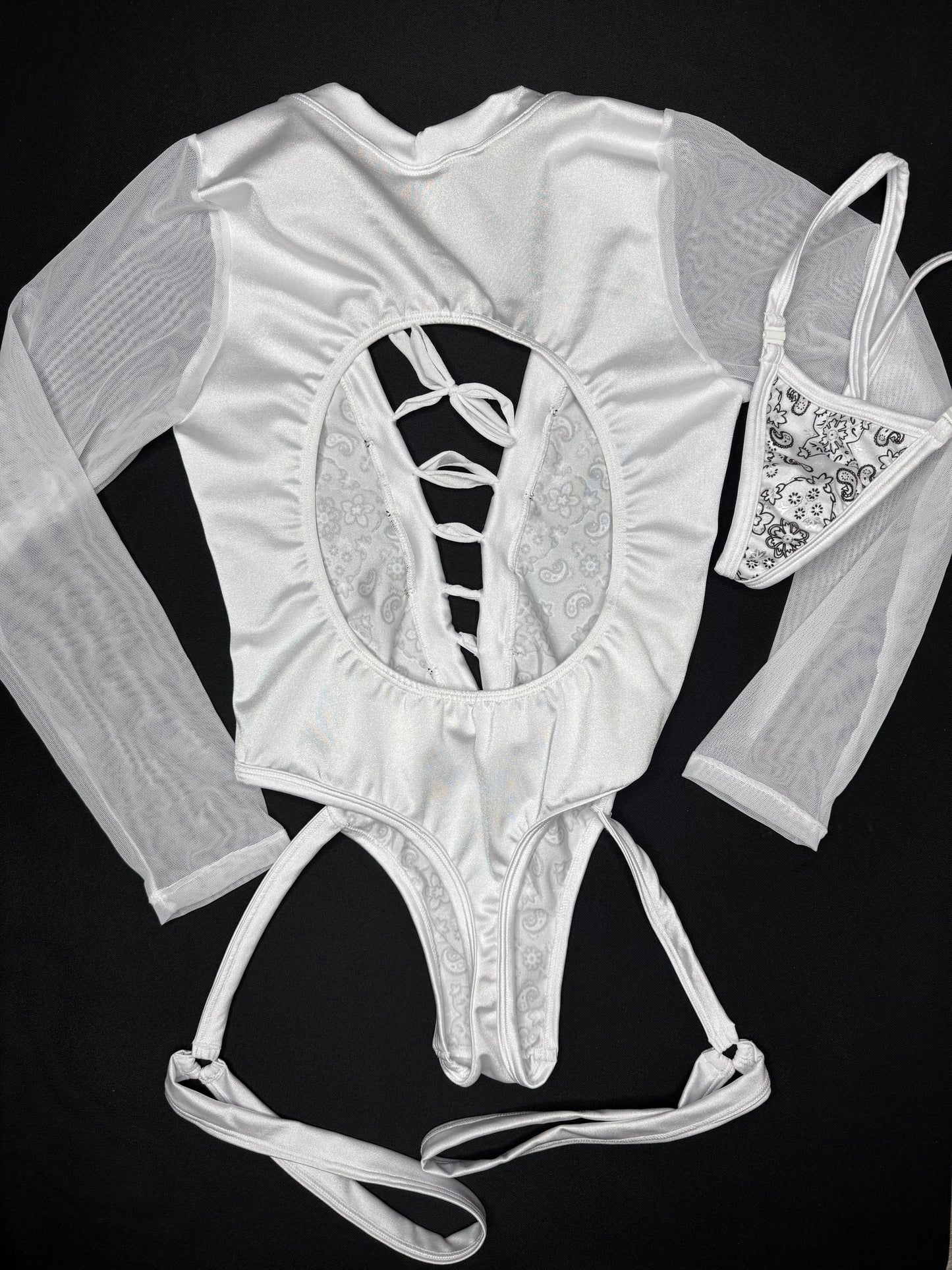 White Bandana Spandex/Mesh Garter One-Piece Leotard Lingerie Outfit