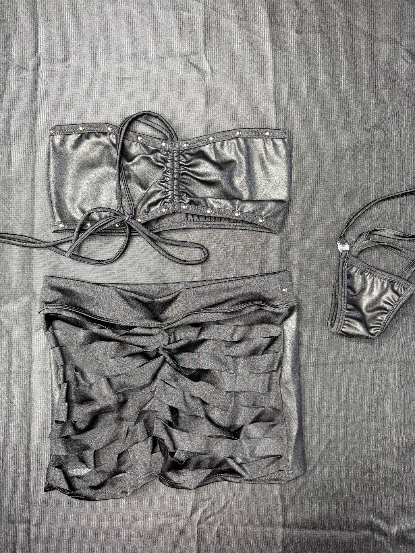 Matte Black/Black Spandex Tube Top/Shorts Ripped Back Lingerie Outfit