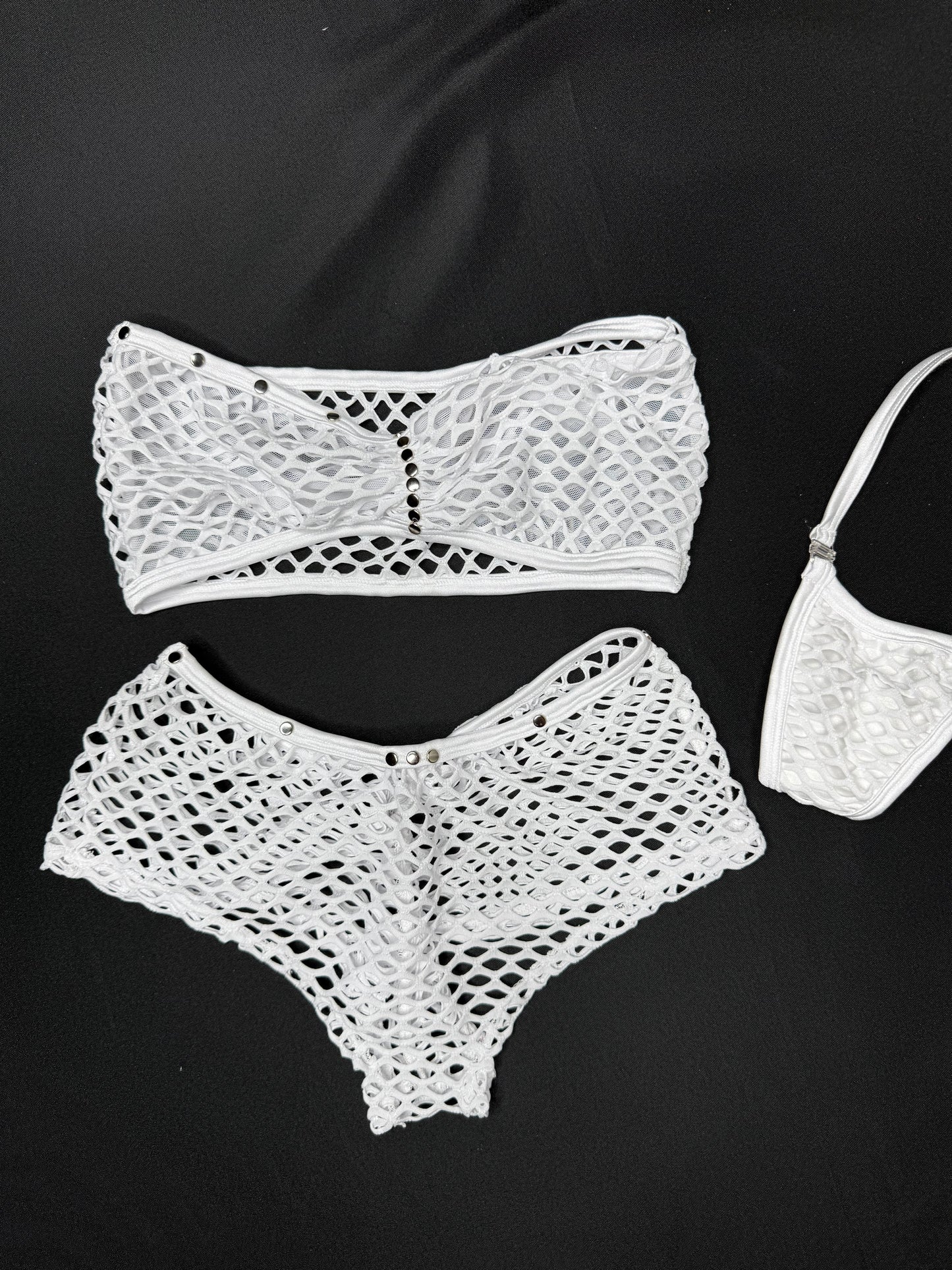 White Fishnet/Mesh Tube Top White Shorts Two-Piece Lingerie Outfit