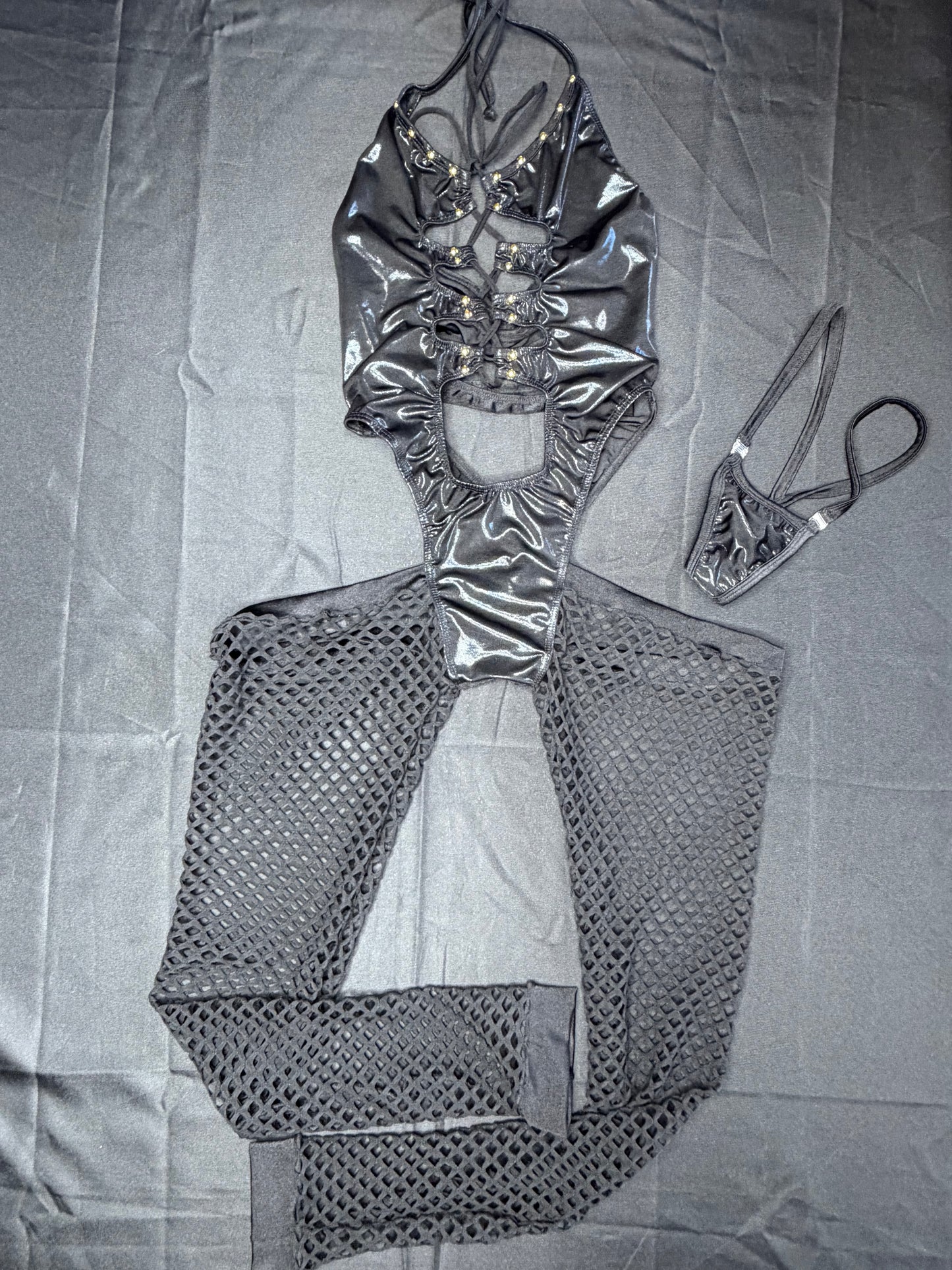 Metallic Black/Black Spandex Body Suit Lingerie Outfit