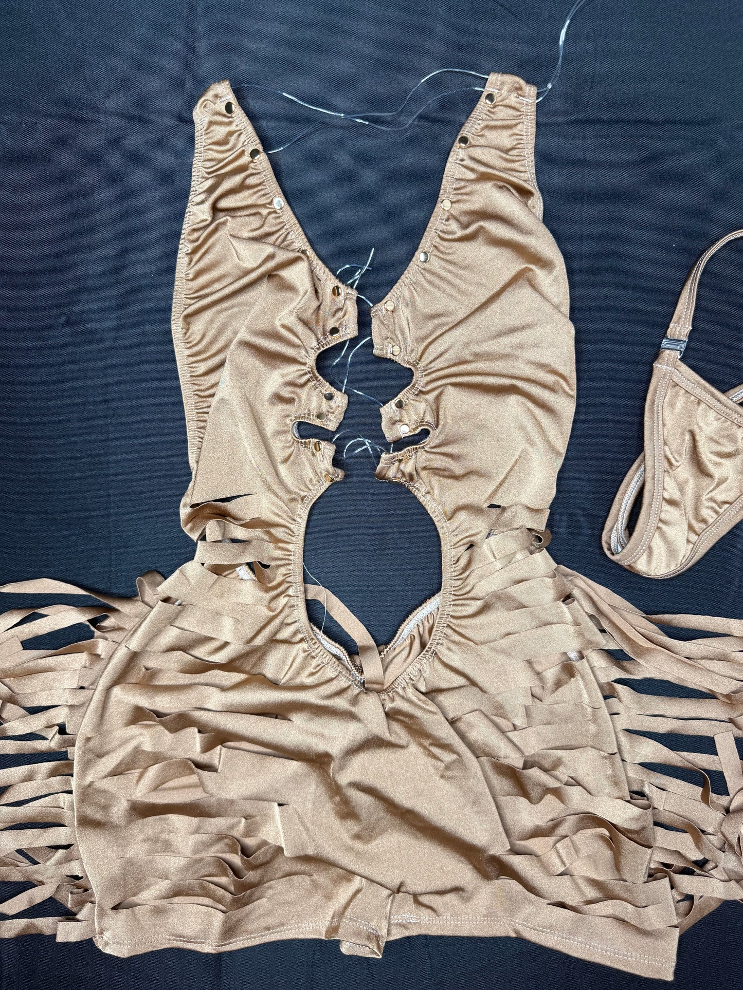 Tan Spandex One-Piece Ripped Back/Fringe Lingerie Outfit