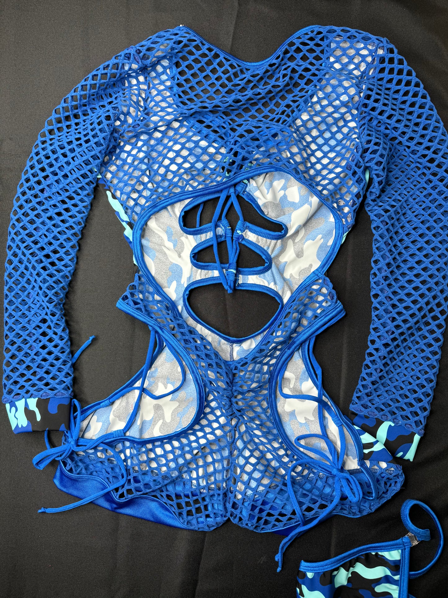 Blue Camouflage/Royal Blue Fishnet Bartender Romper Outfit