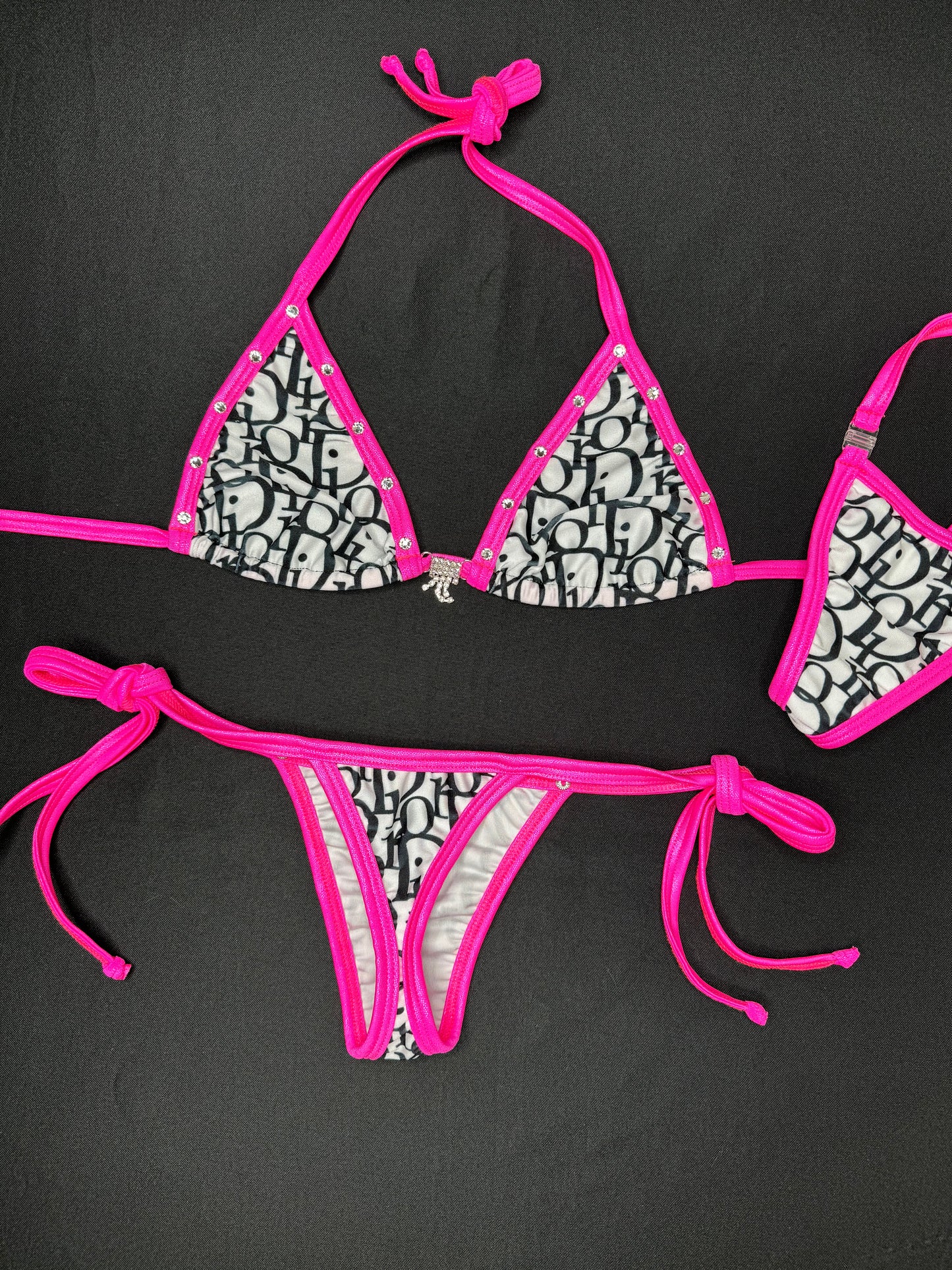 Hot Pink/White Designer Two-Piece Side-Tie Bikini Lingerie Outfit