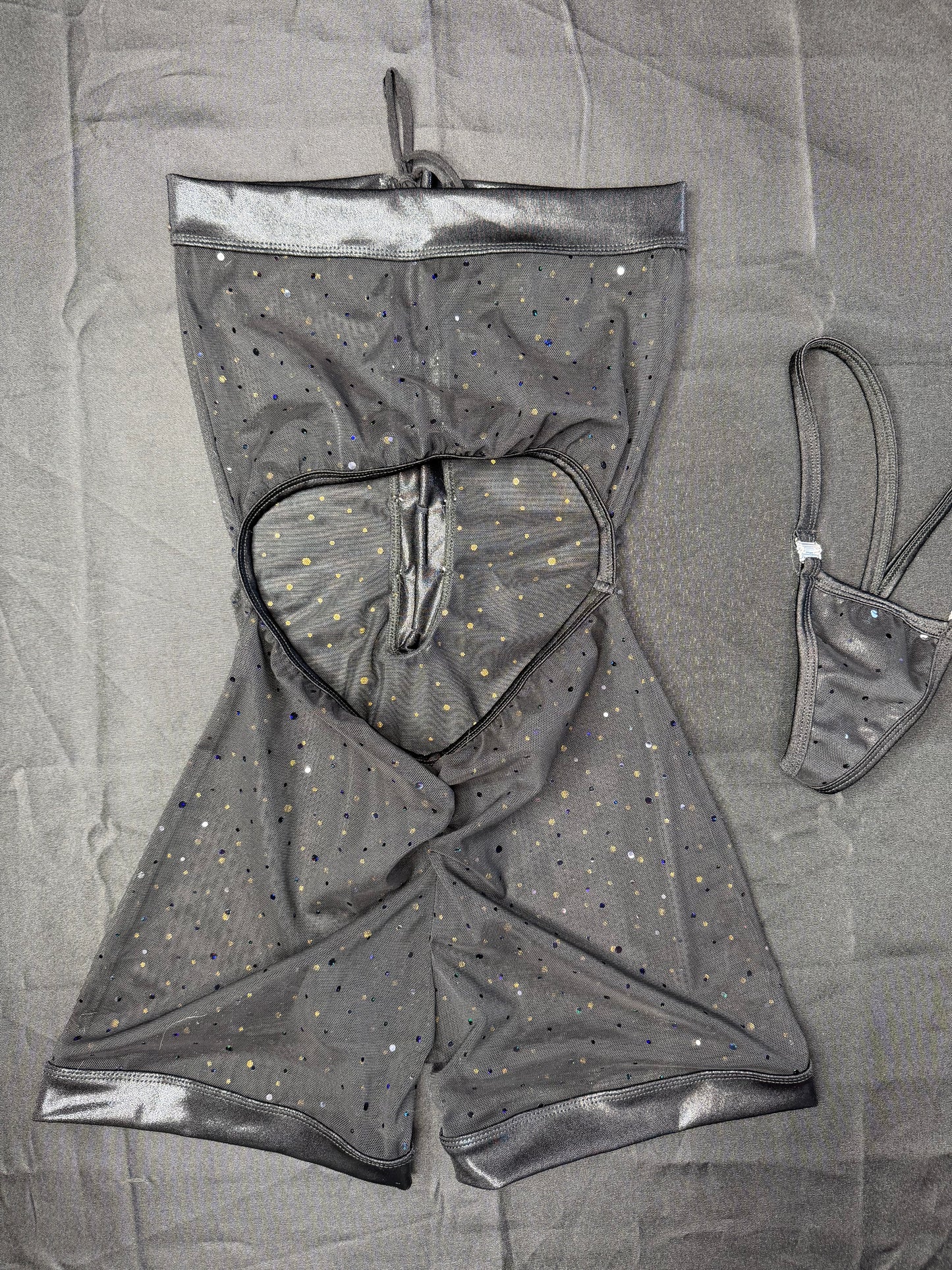 Metallic Black Spandex/Black Sparkle Mesh One-Piece Lingerie Outfit
