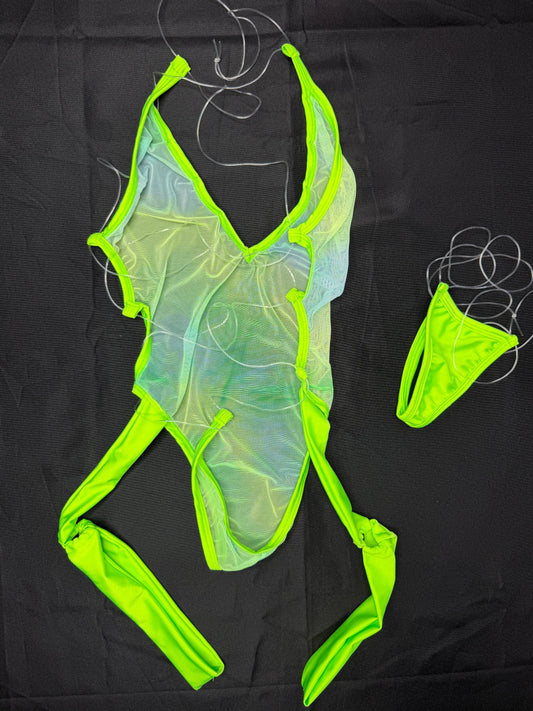 Neon Yellow Spandex/Green Mesh One-Piece Garters Lingerie Outfit