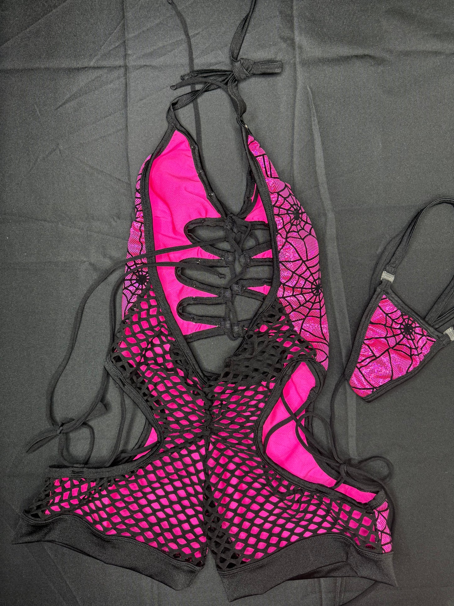 Metallic Pink Spider Web One-Piece Romper Lingerie