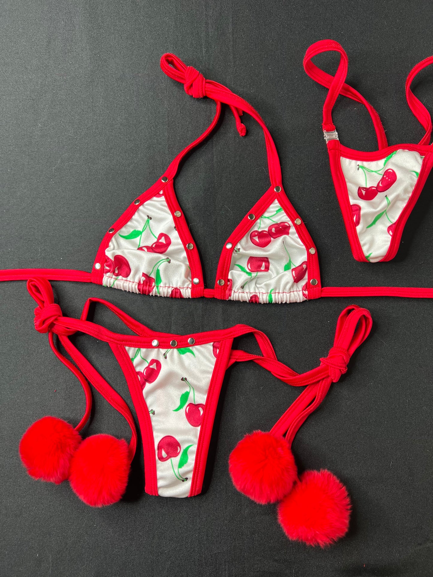 White Cherry/Red Fur Two-Piece Side Tie Bikini Lingerie