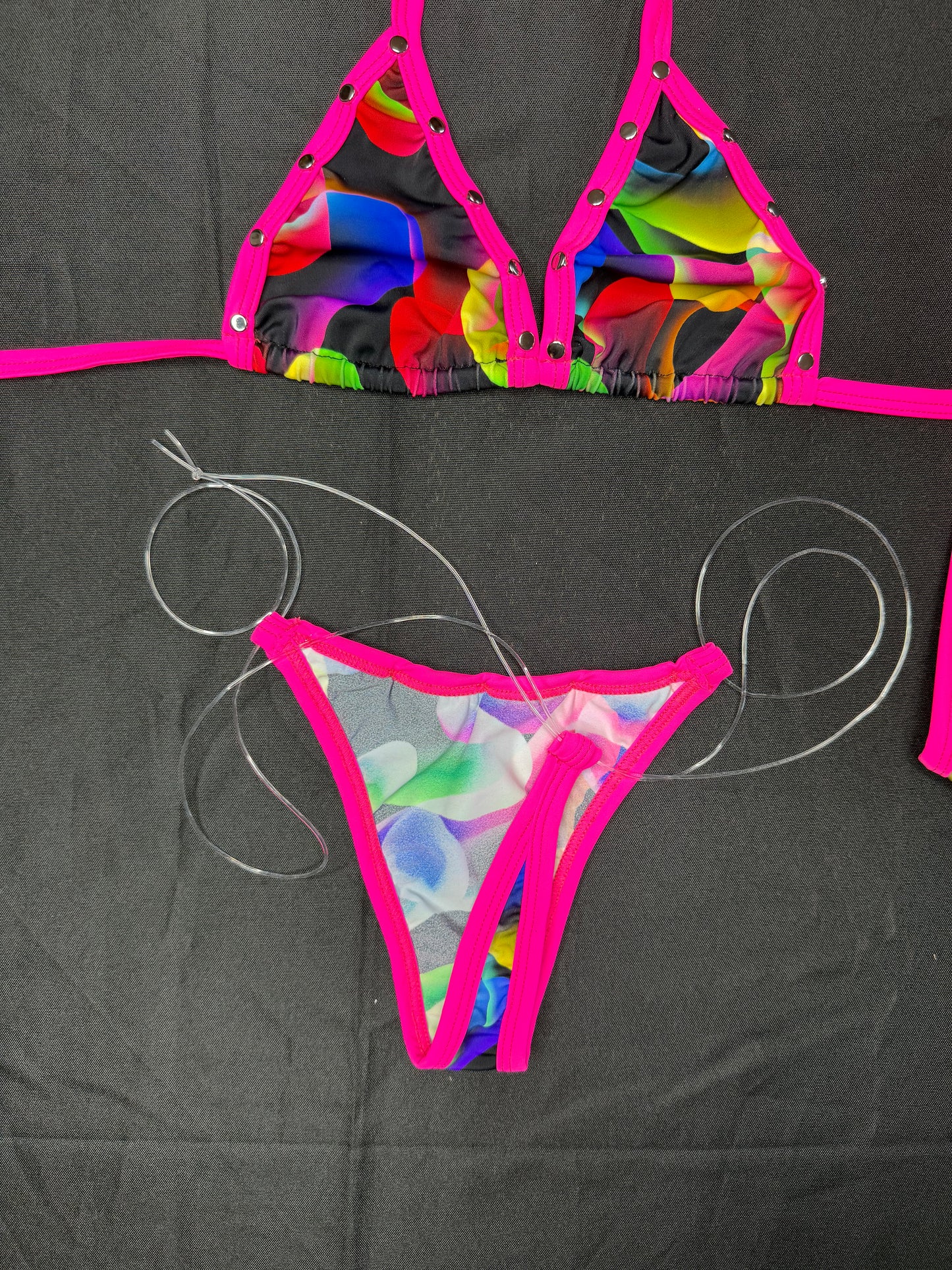 Multi Color/Hot Pink Spandex Two-Piece Bikini Lingerie Outfit