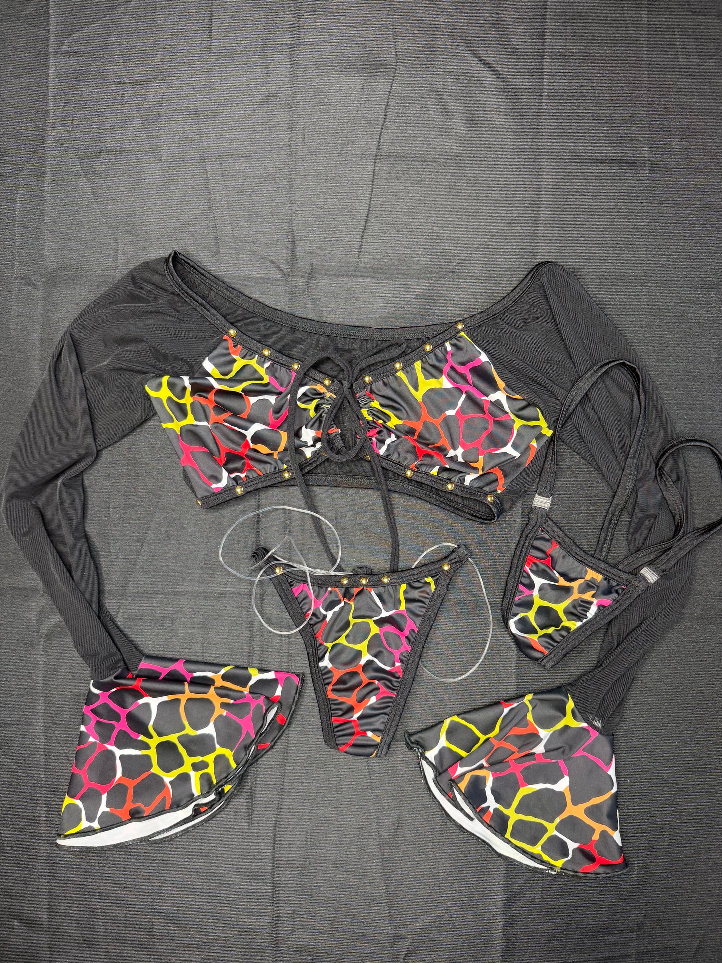 Animal Print Spandex/Black Mesh Two-Piece Lingerie Outfit