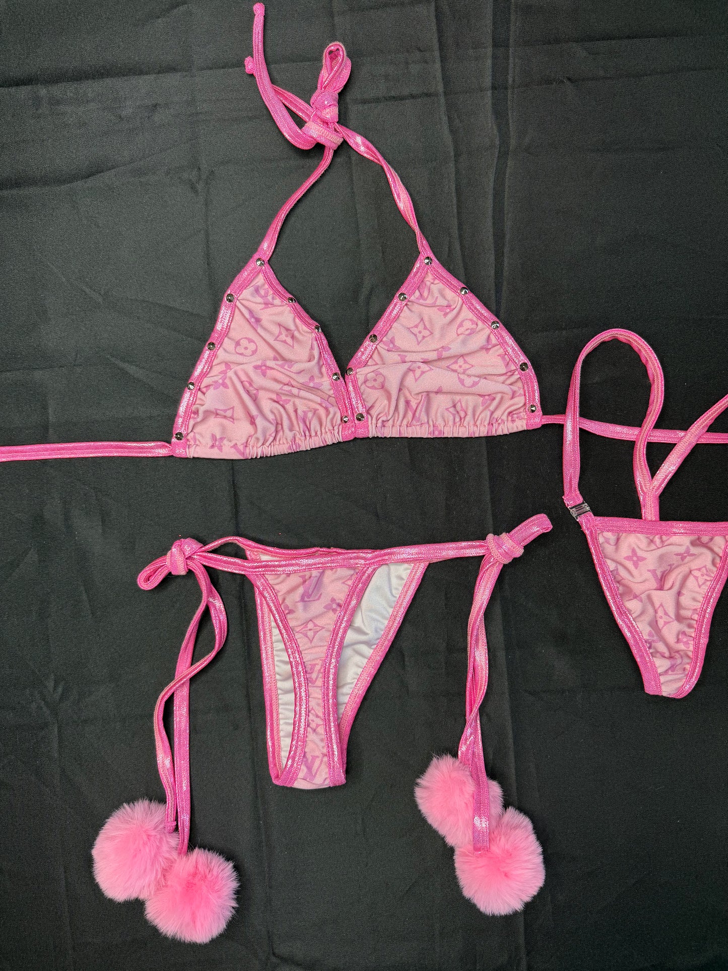 Metallic Pink/Pink Spandex Pom-Poms Two-Piece Bikini Lingerie Outfit