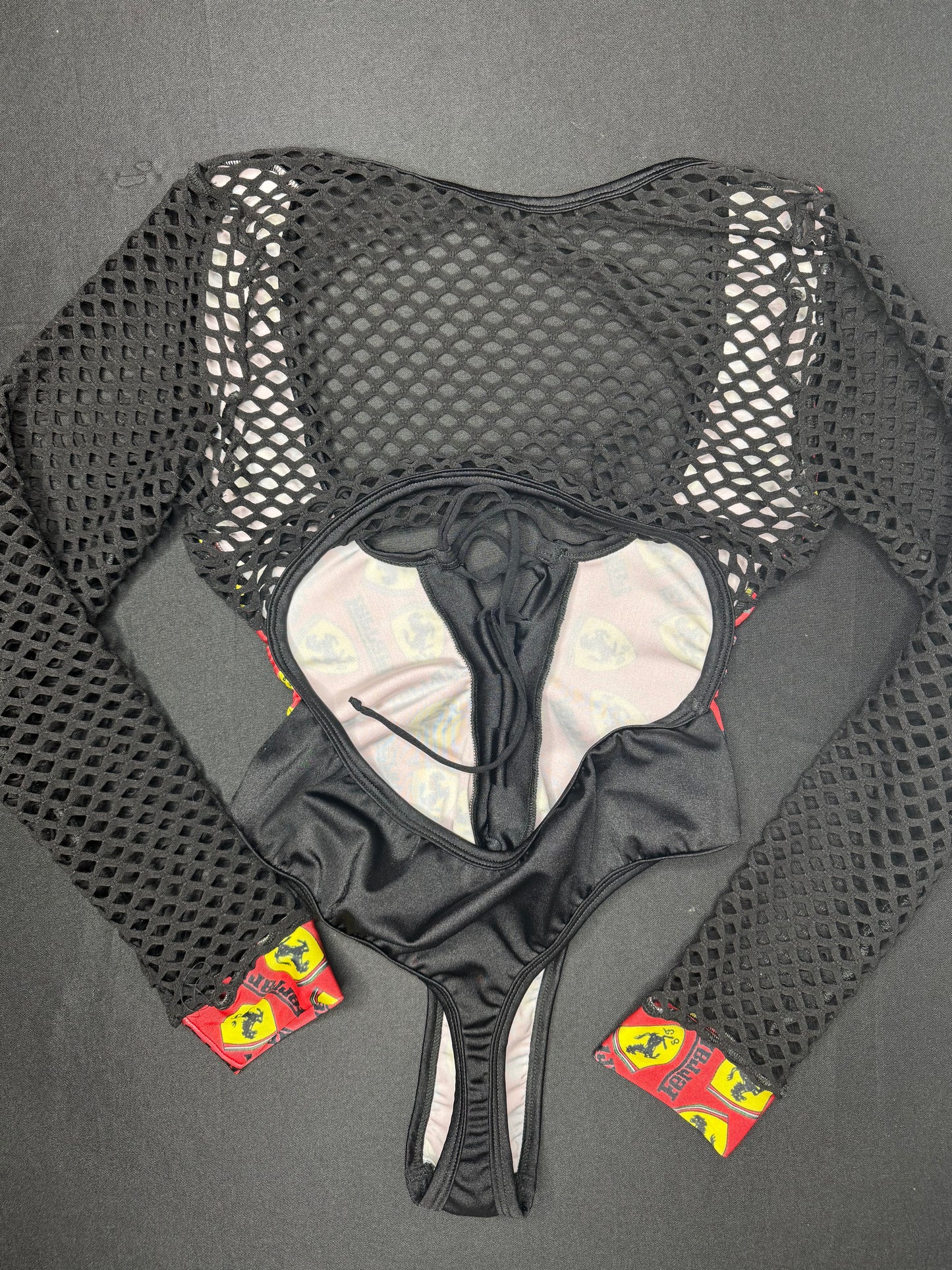 Designer Red Spandex/Black Fishnet One-Piece Lingerie Outfit