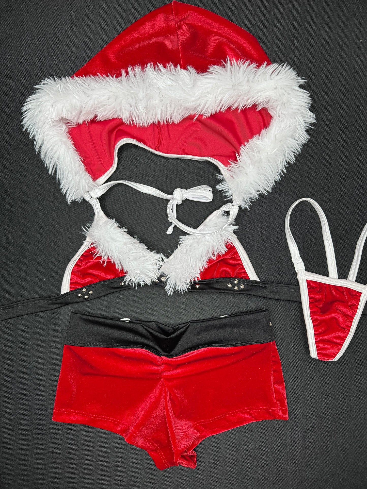 Red Velvet Bikini Top/Hoodie Shorts Two-Piece Christmas Lingerie Outfit