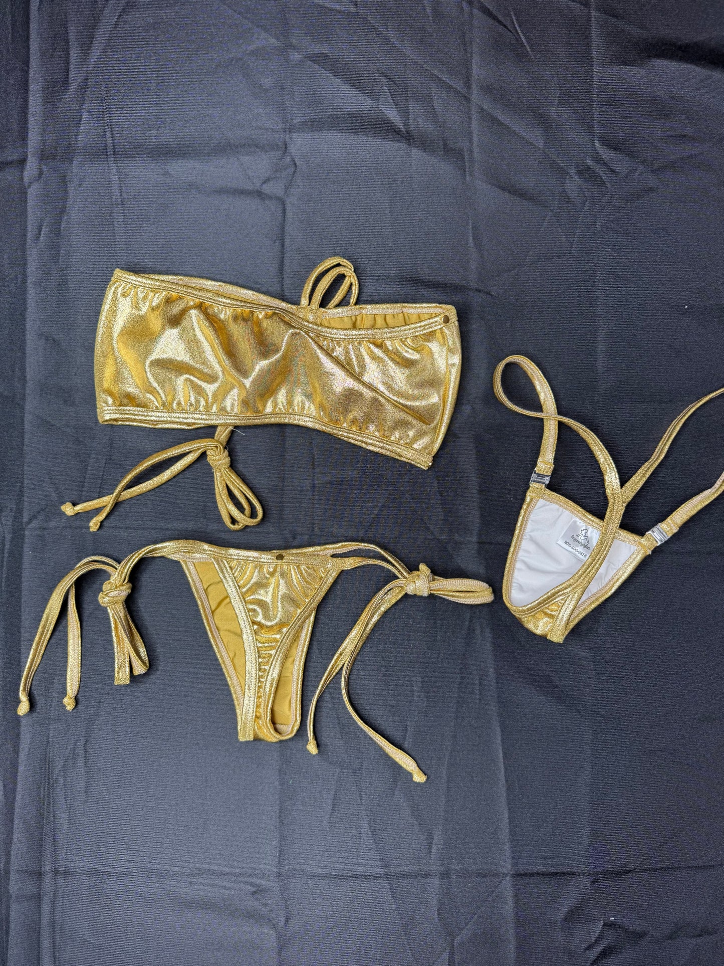 Gold Spandex Tube-Top Side Tie Bikini Lingerie Outfit
