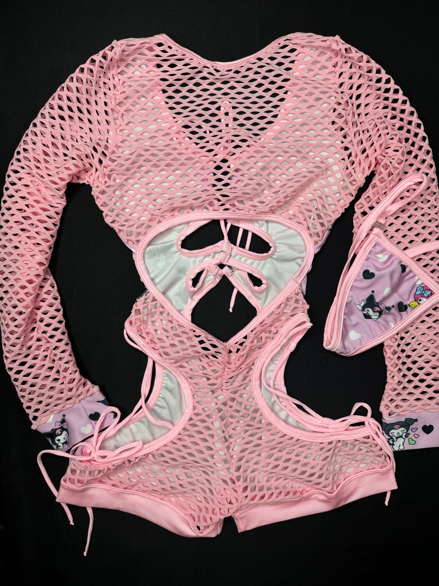 Baby Pink Kuromi One-Piece Fishnet Romper Lingerie Outfit