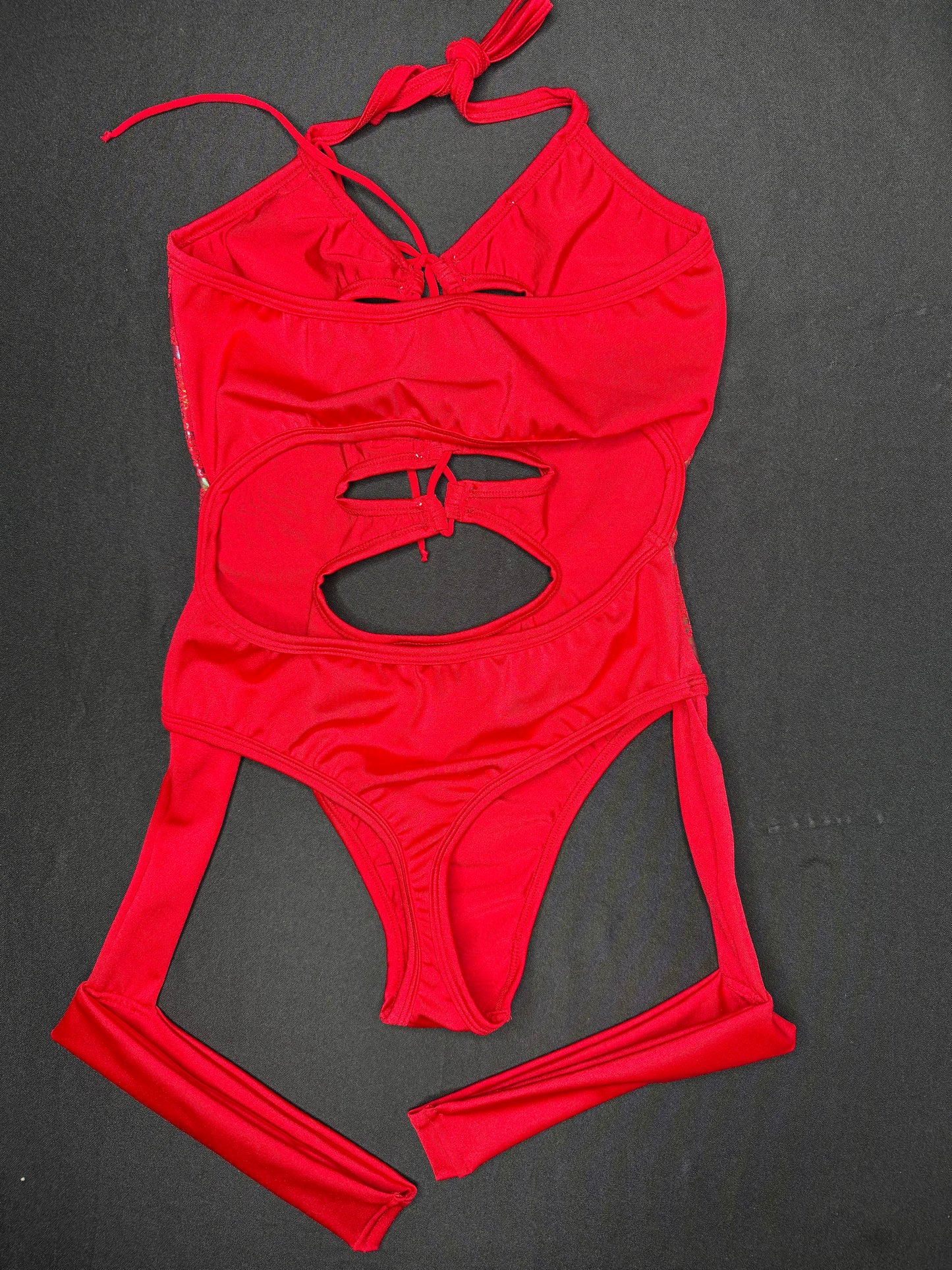 Red Snake Skin Animal Print One-Piece Garter Leotard Lingerie Outfit