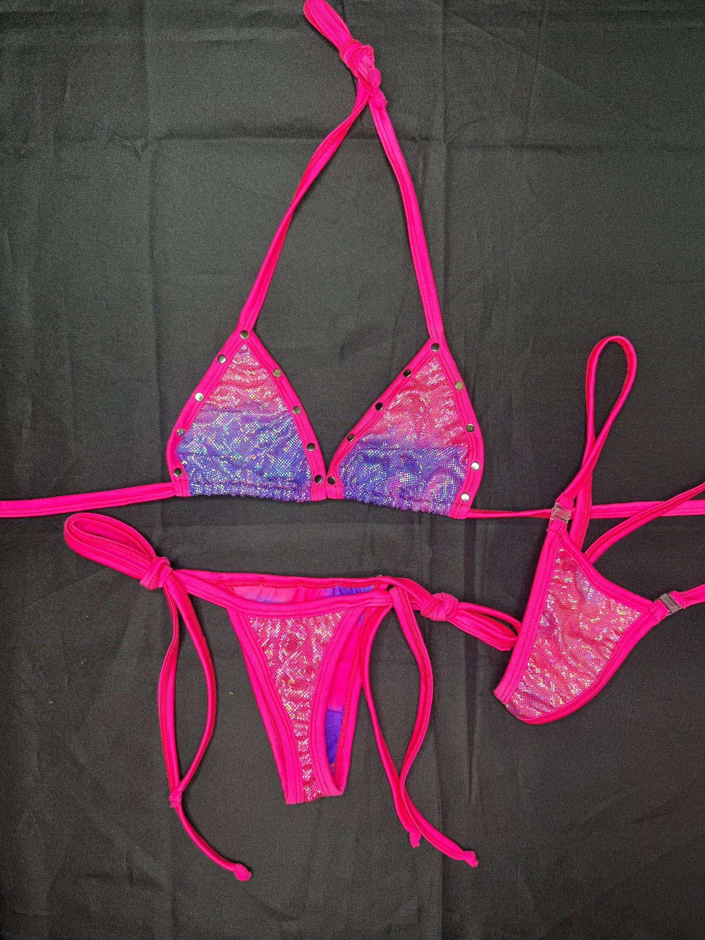 Hot Pink/Metallic Pink/Purple Ombré Spandex Two-Piece Bikini Lingerie Outfit