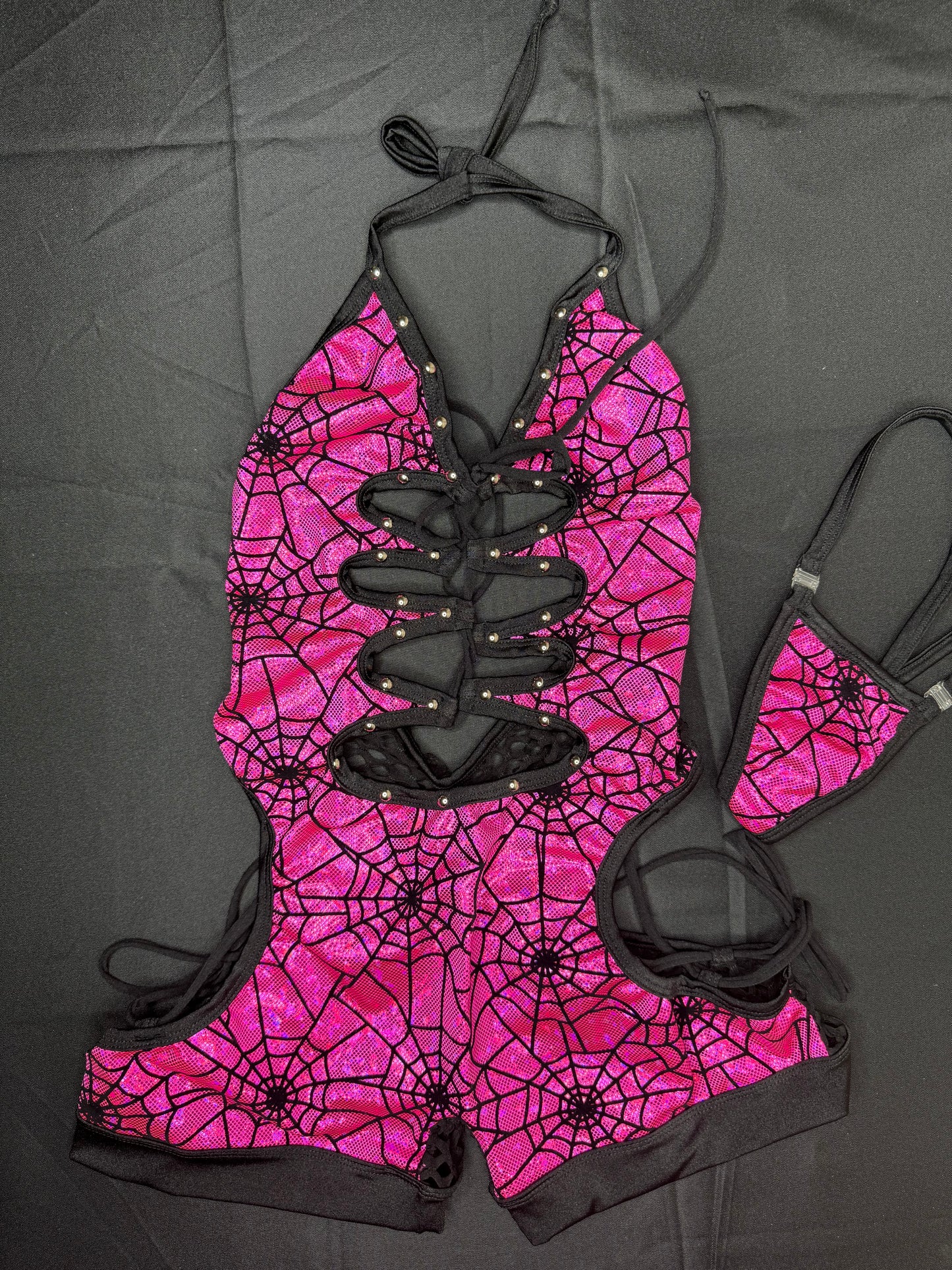 Metallic Pink Spider Web One-Piece Romper Lingerie