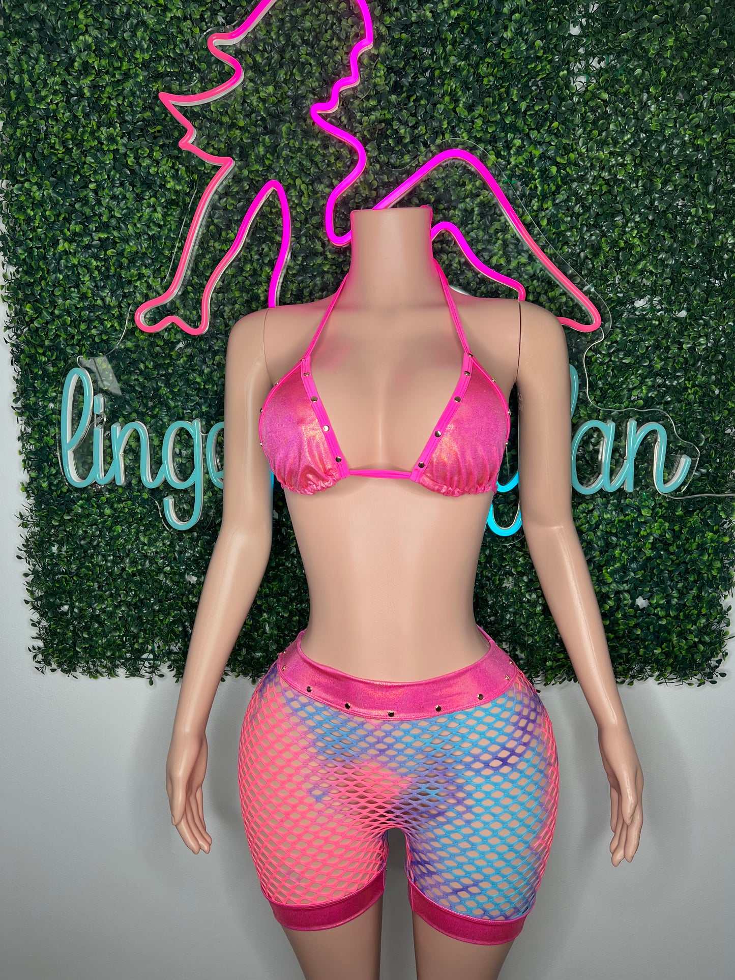 Metallic Hot Pink/Cyan Ombré Fishnet Spandex Shorts/Bikini Top Two-Piece Lingerie Outfit