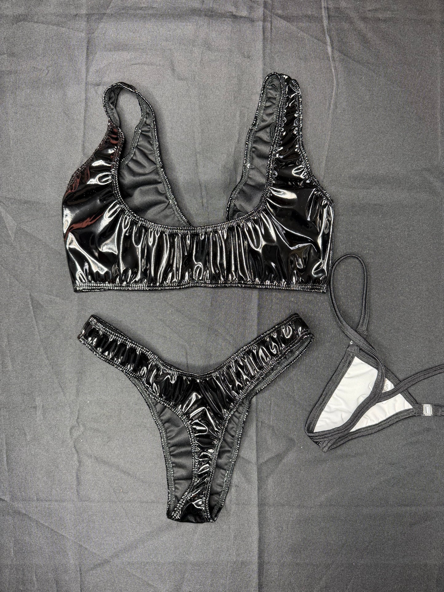 Black Latex Sports Bra/Cheeky Thong Two-Piece Lingerie Outfit