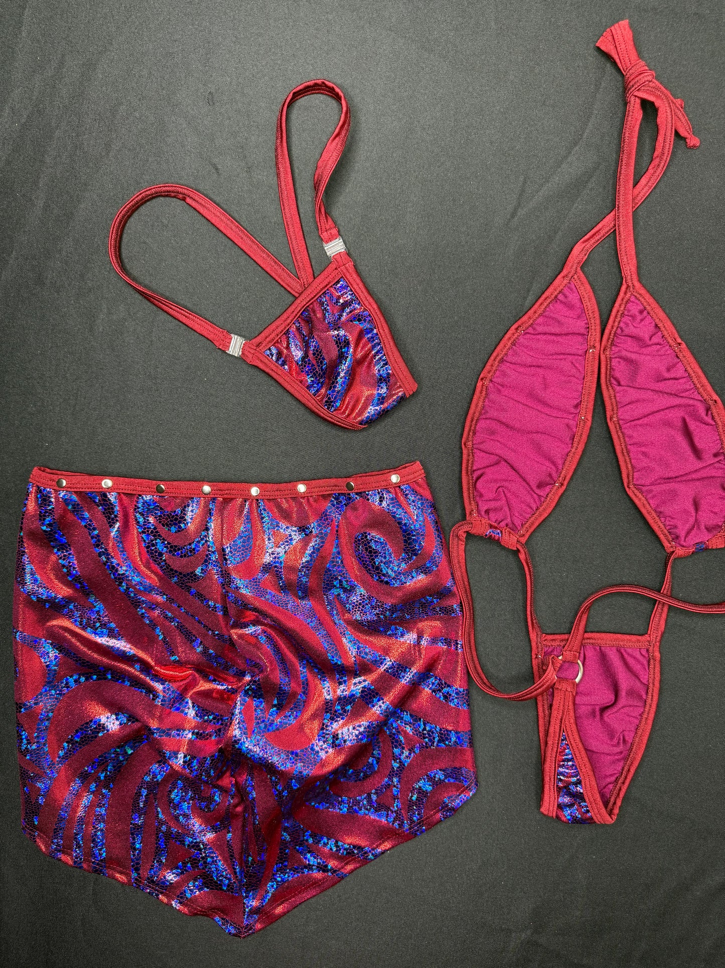 Burgundy/Blue Spandex Sling-Shot/Skirt Three Piece Lingerie Outfit