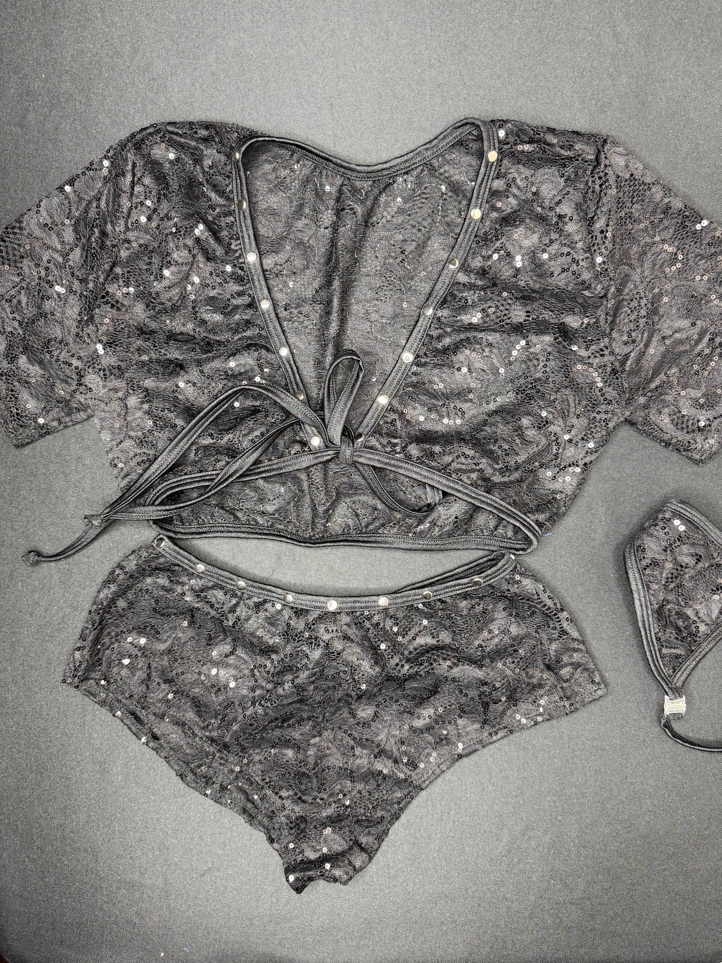 Black Sparkle Lace Short Sleeve Top Front Tie/Shorts Two-Piece Lingerie Outfit
