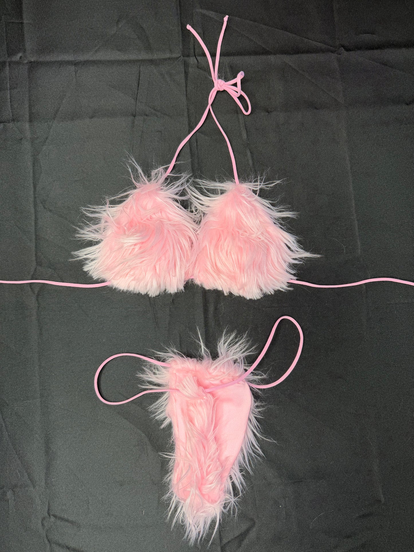 Baby Pink Fur 4-Piece Bikini Top/Thong Wrist & Armlet Lingerie Outfit