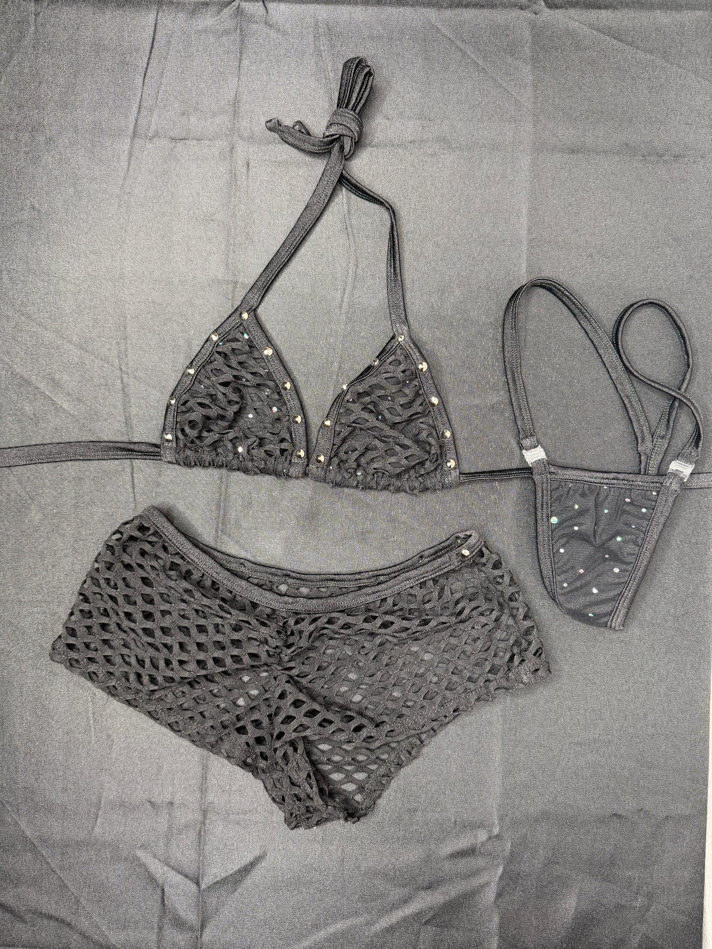 Black Fishnet Spandex Bikini Top/Shorts Two-Piece Lingerie Outfit