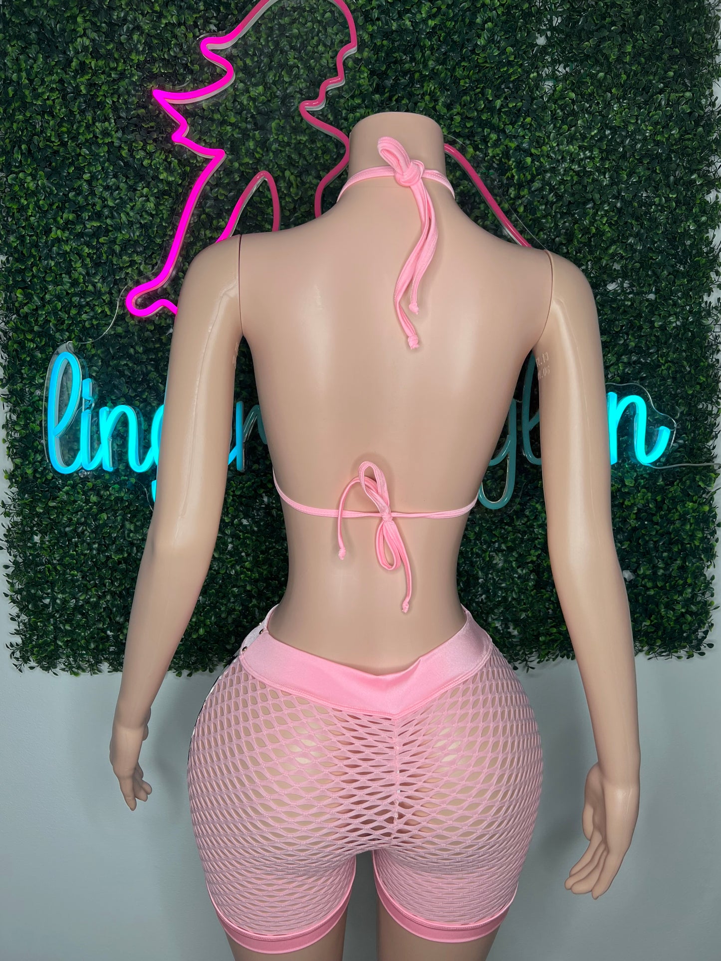 Metallic Hot Pink/Cyan Ombré Fishnet Spandex Shorts/Bikini Top Two-Piece Lingerie Outfit