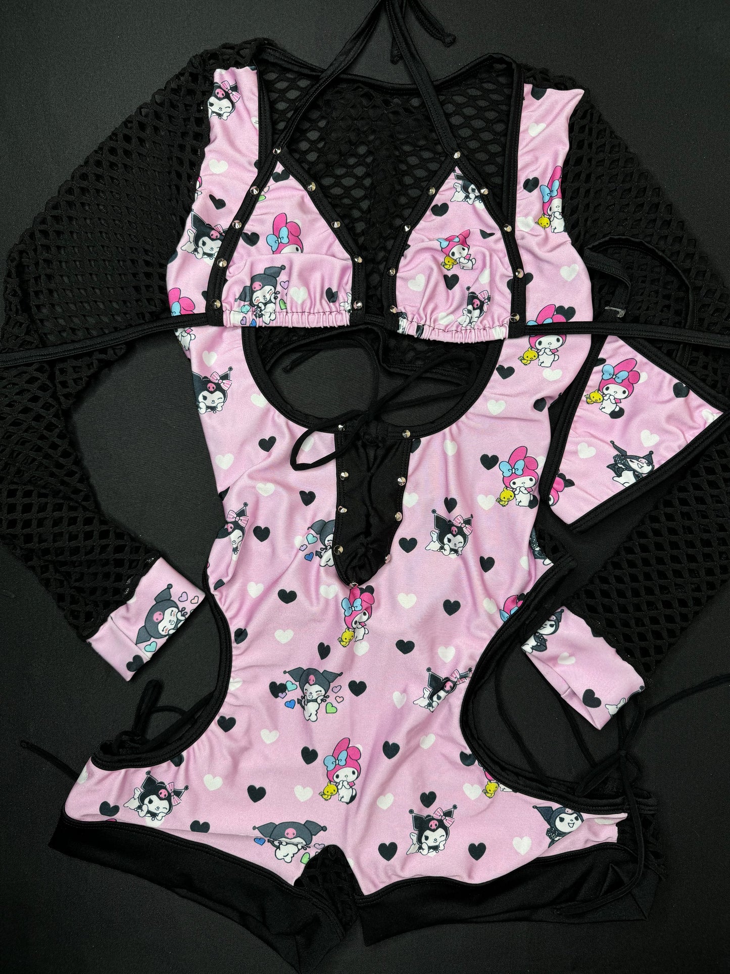 Black/Baby Pink Kuromi One-Piece Fishnet Romper Lingerie Outfit
