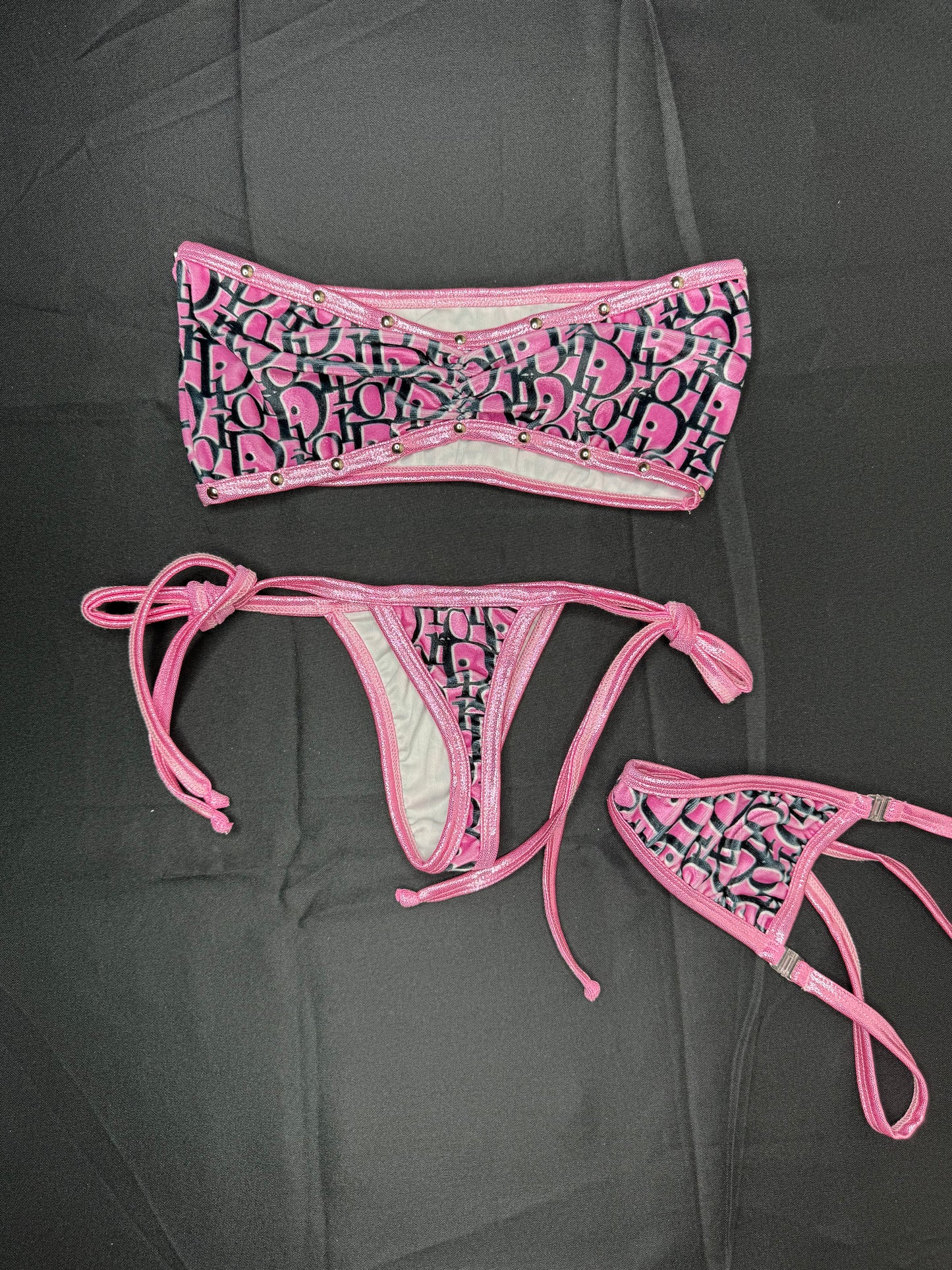 Hot Pink Designer VELVET/Spandex Tube Top/Side Tie Bikini Lingerie Outfit