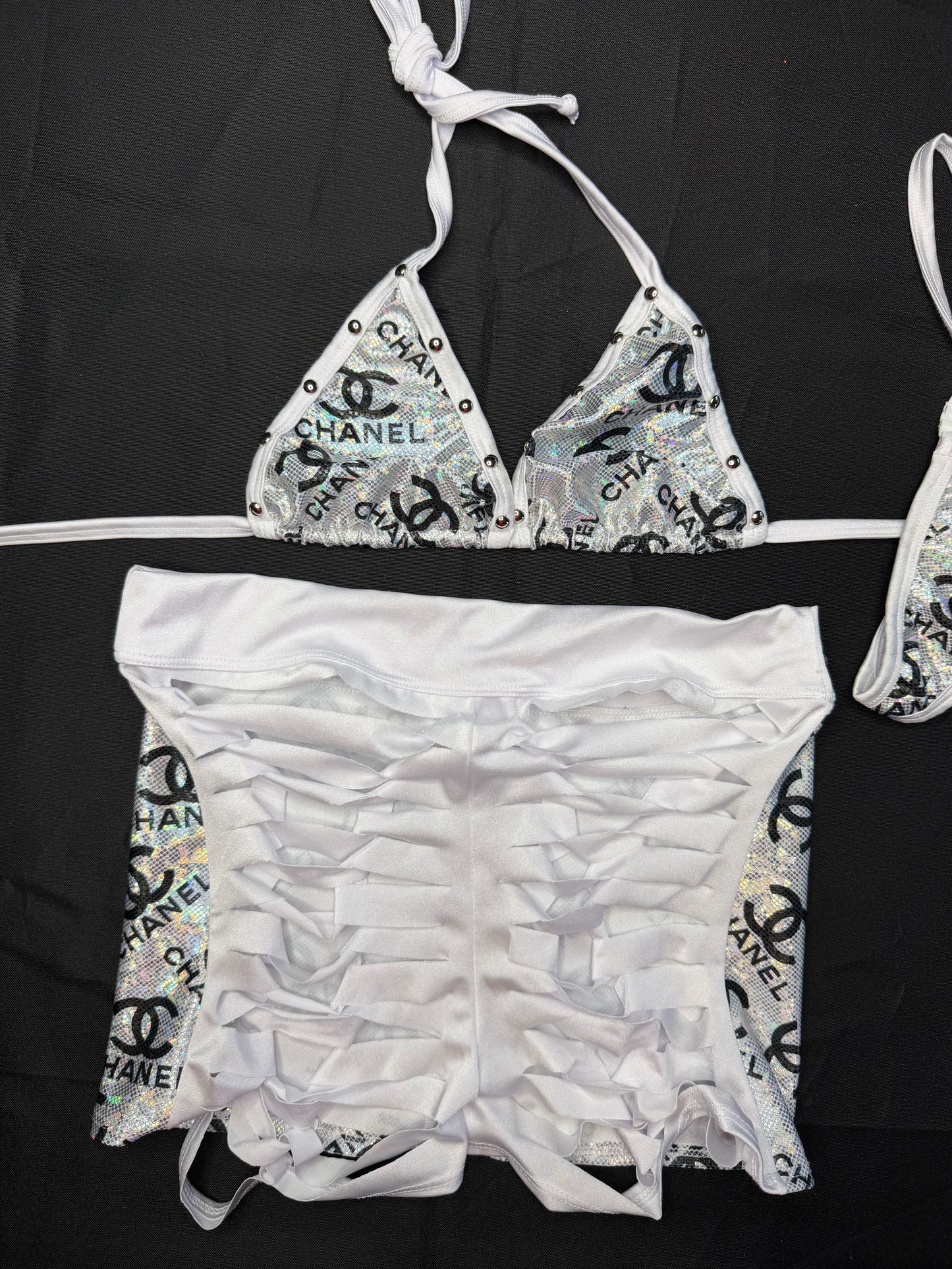 Silver/White Spandex Two-Piece Shorts Lingerie Outfit