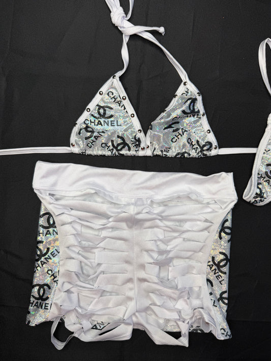 Silver/White Spandex Two-Piece Shorts Lingerie Outfit