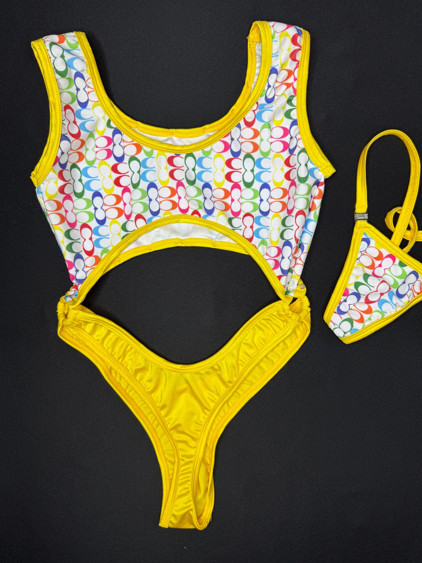 White Rainbow Designer/Yellow Spandex One-Piece Lingerie Outfit