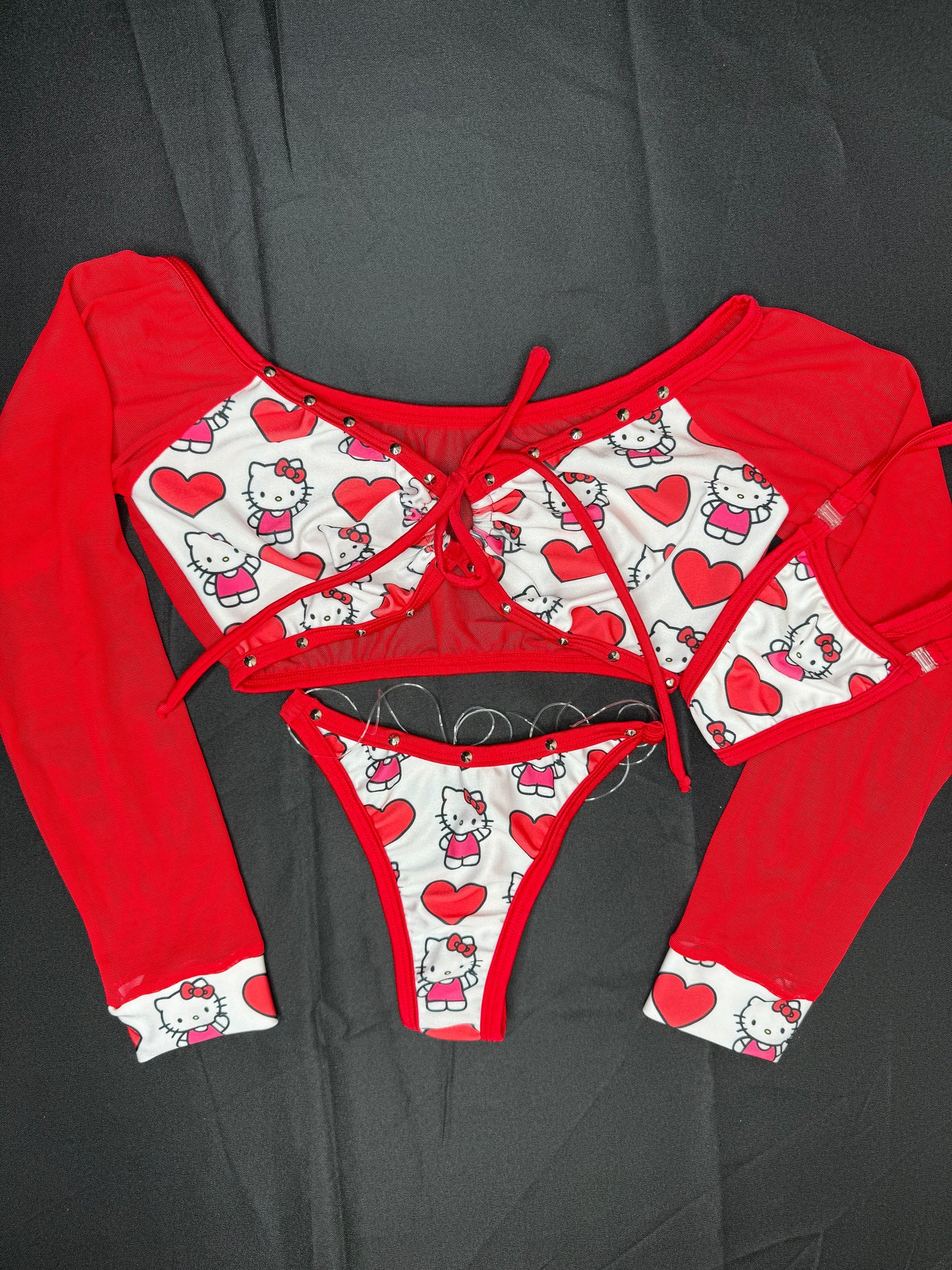 Heart Kitty Print Spandex/Red Mesh Two-Piece Lingerie Outfit