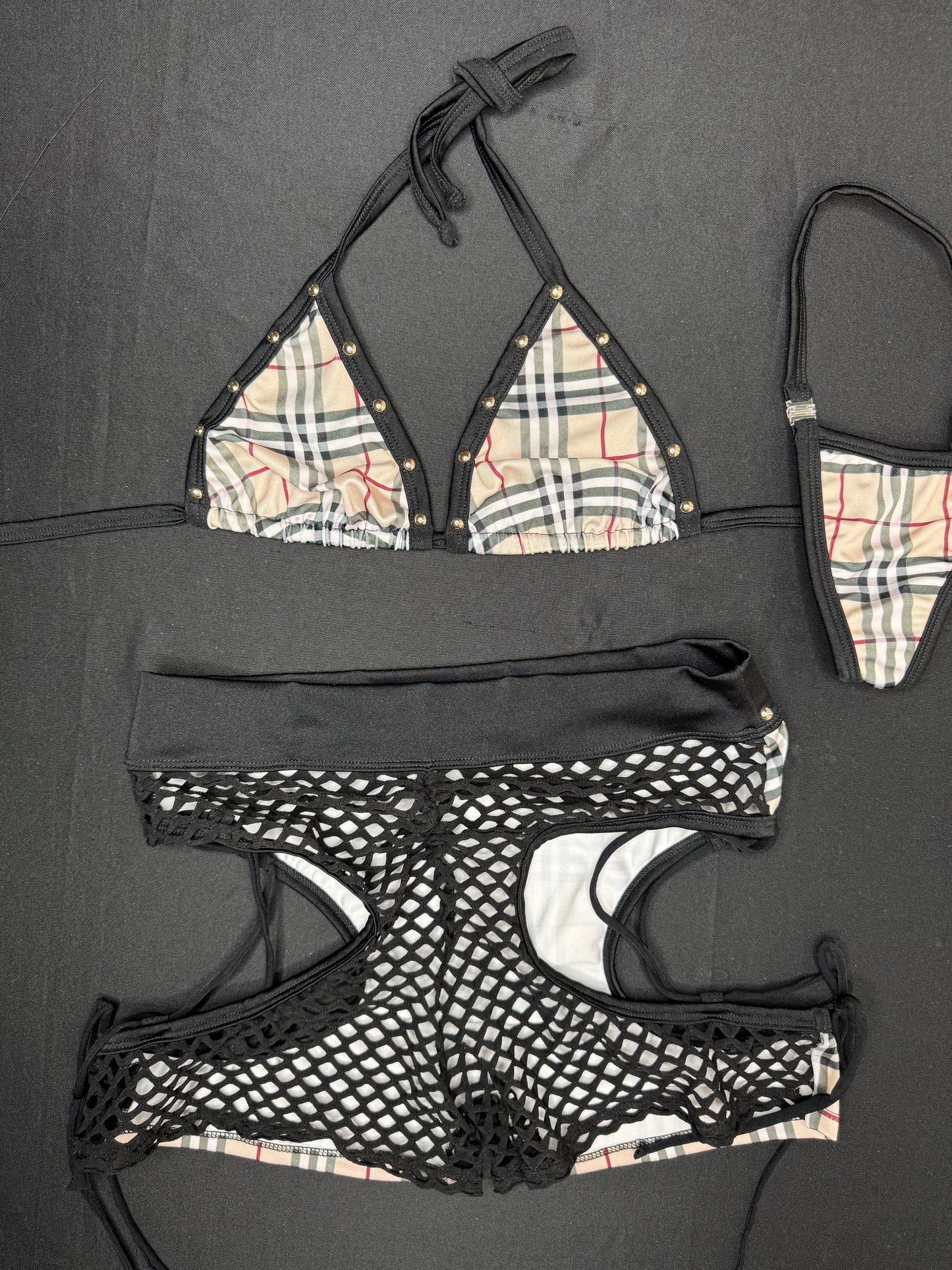 Designer Plaid/Black Fishnet Bikini Top/Shorts Two-Piece Lingerie Outfit