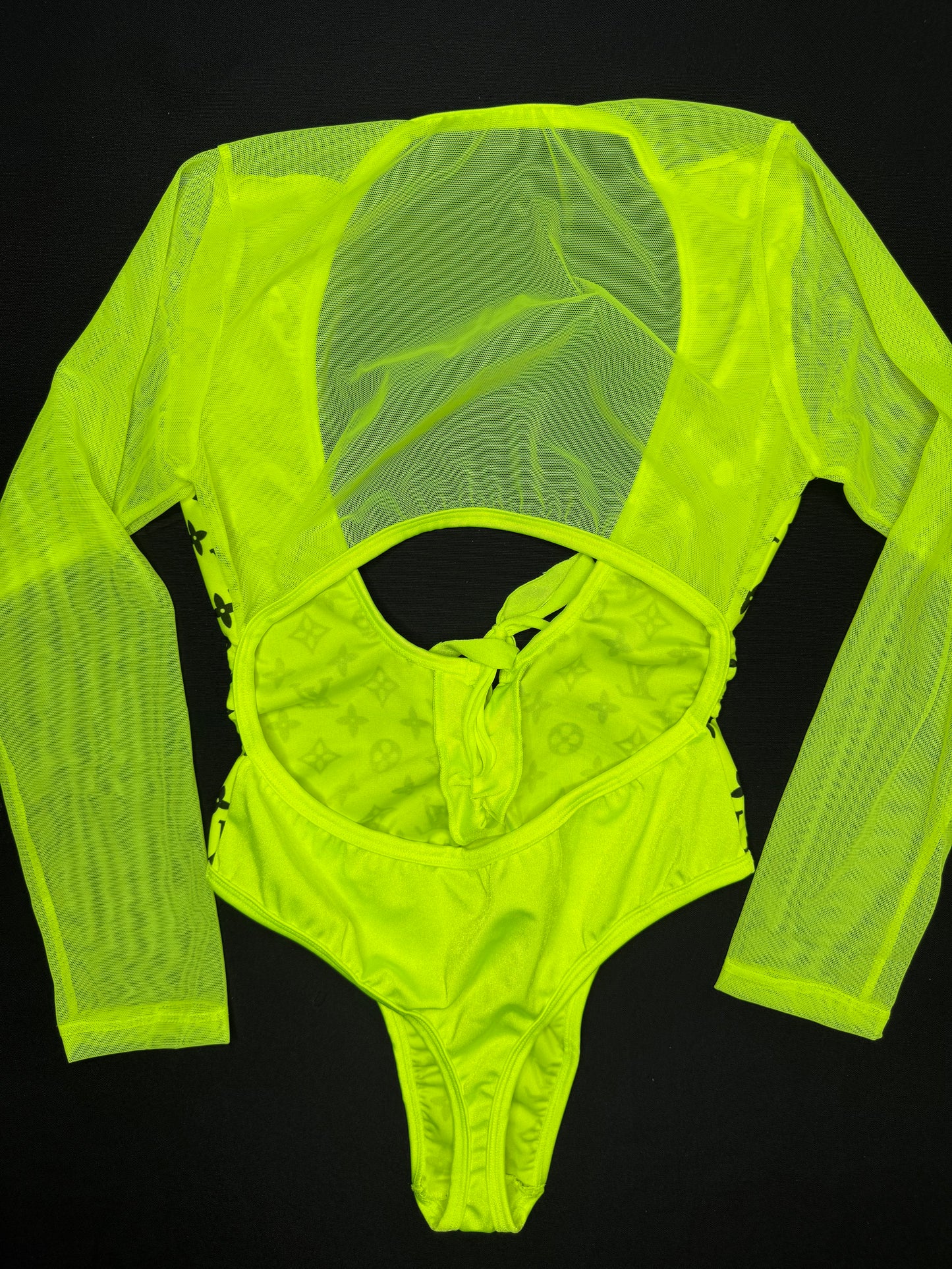 Neon Yellow Designer One-Piece Long Sleeve Leotard Lingerie Outfit