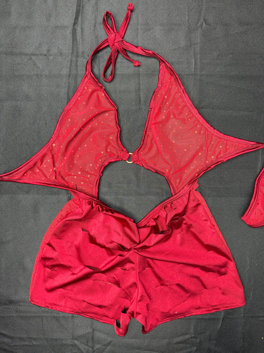 Red Mesh/Burgundy Spandex One-Piece Lingerie Outfit