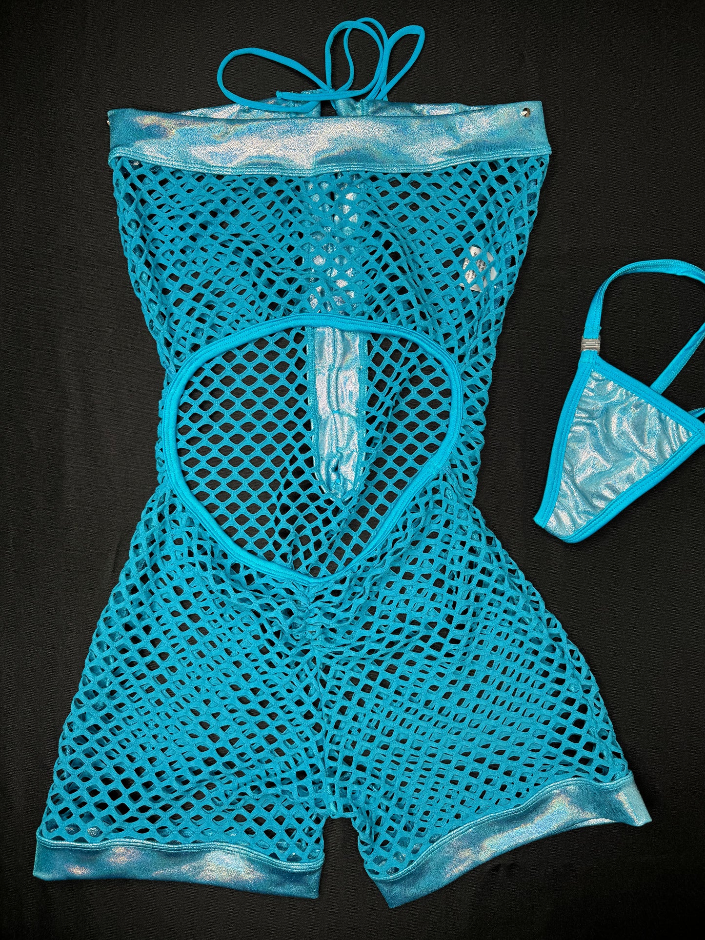 Mystic Blue/Turquoise Fishnet One-Piece Lingerie Outfit