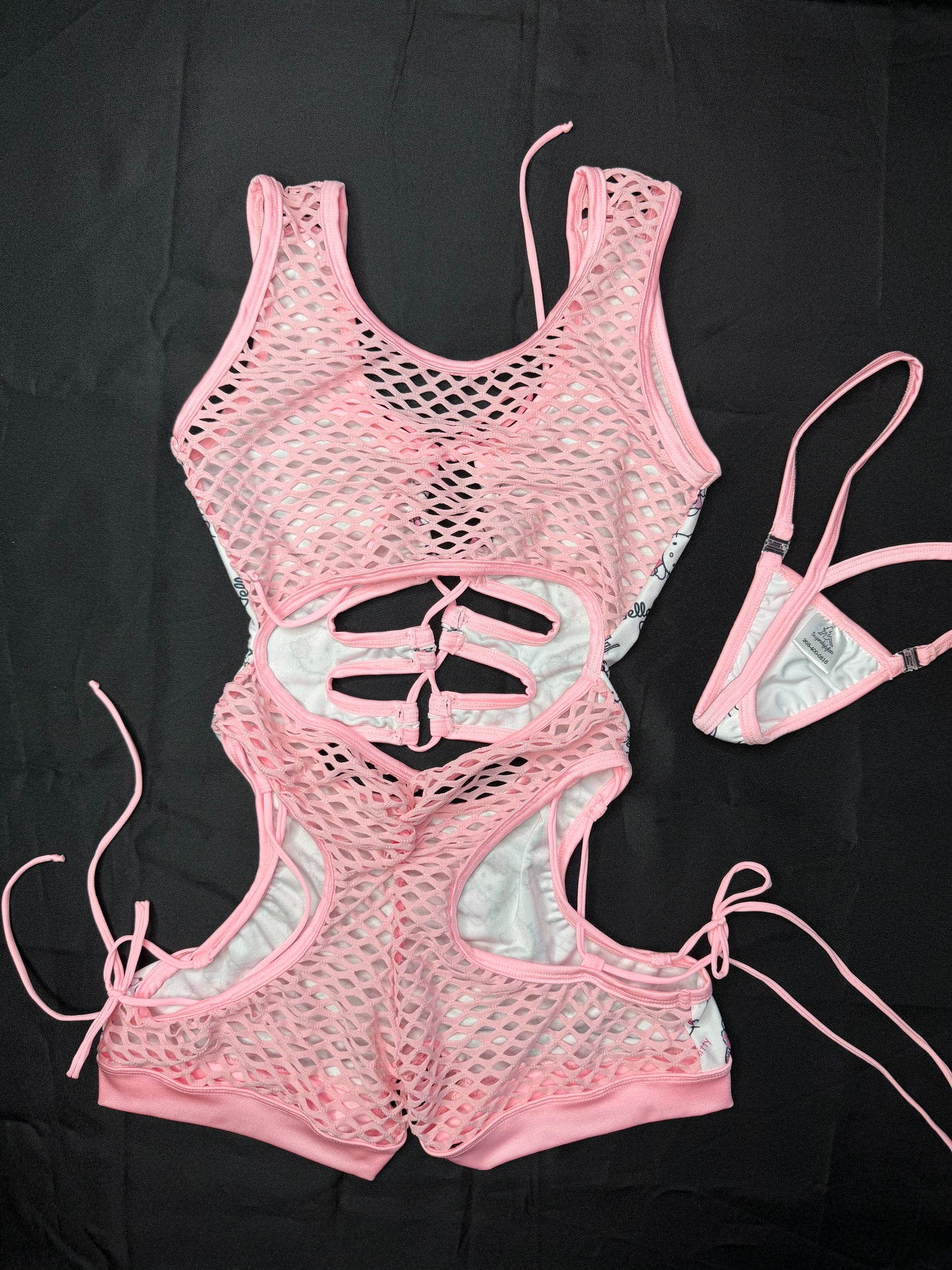 White Kitty Spandex/Baby Pink Fishnet Romper Lingerie Outfit