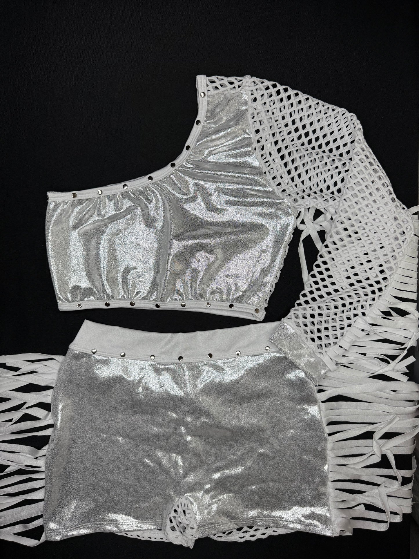 Microdot Silver/White Fringe Single Sleeve/Shorts Two-Piece Lingerie Outfit