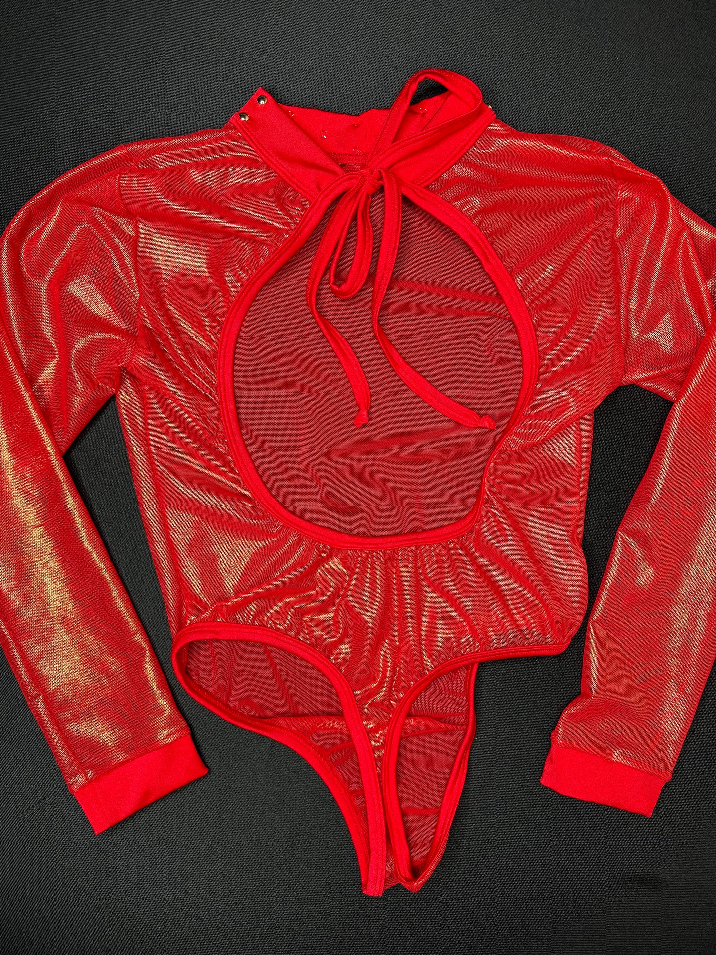 Red Metallic Mesh Leotard One-Piece Bikini Top Lingerie Outfit