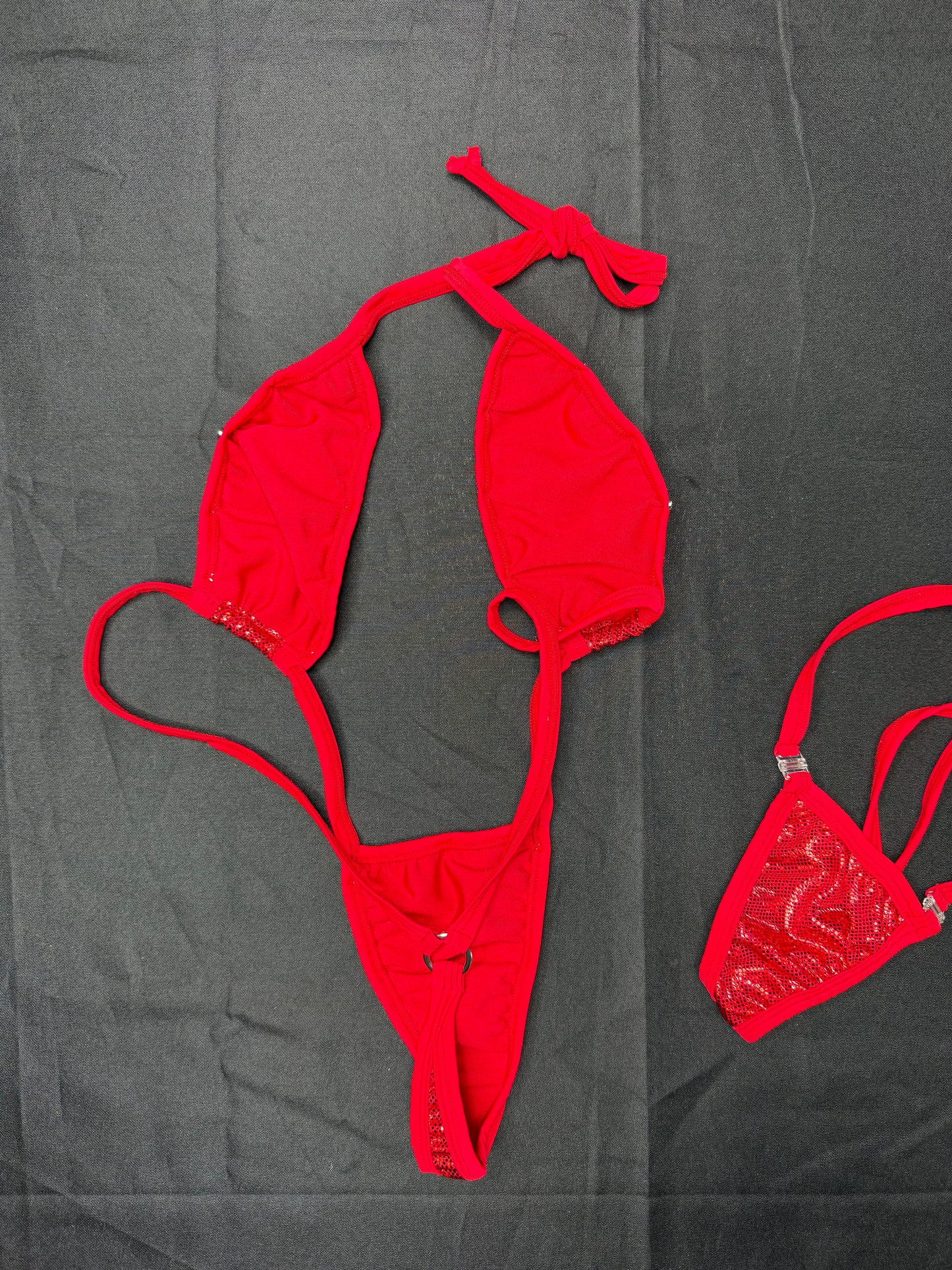 Metallic Red/Red Spandex Sling-Shot One-Piece Lingerie Outfit
