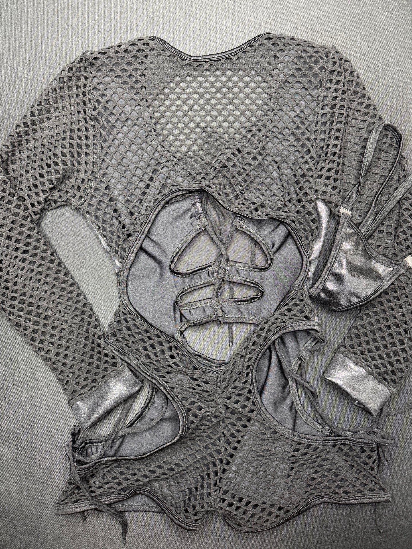 Metallic Black/Black Fishnet One-Piece Romper Lingerie Outfit