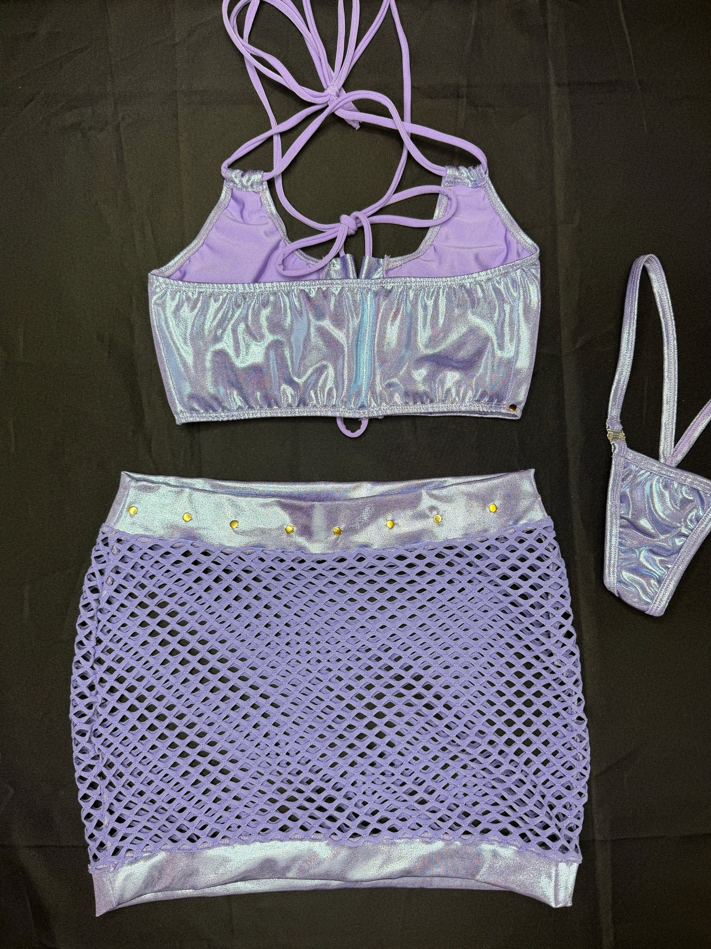 Metallic Lavender Sports Bra/Lavender Fishnet Skirt Two-Piece Skirt Lingerie Outfit