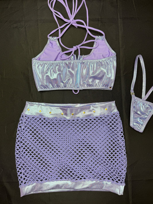 Metallic Lavender Sports Bra/Lavender Fishnet Skirt Two-Piece Skirt Lingerie Outfit