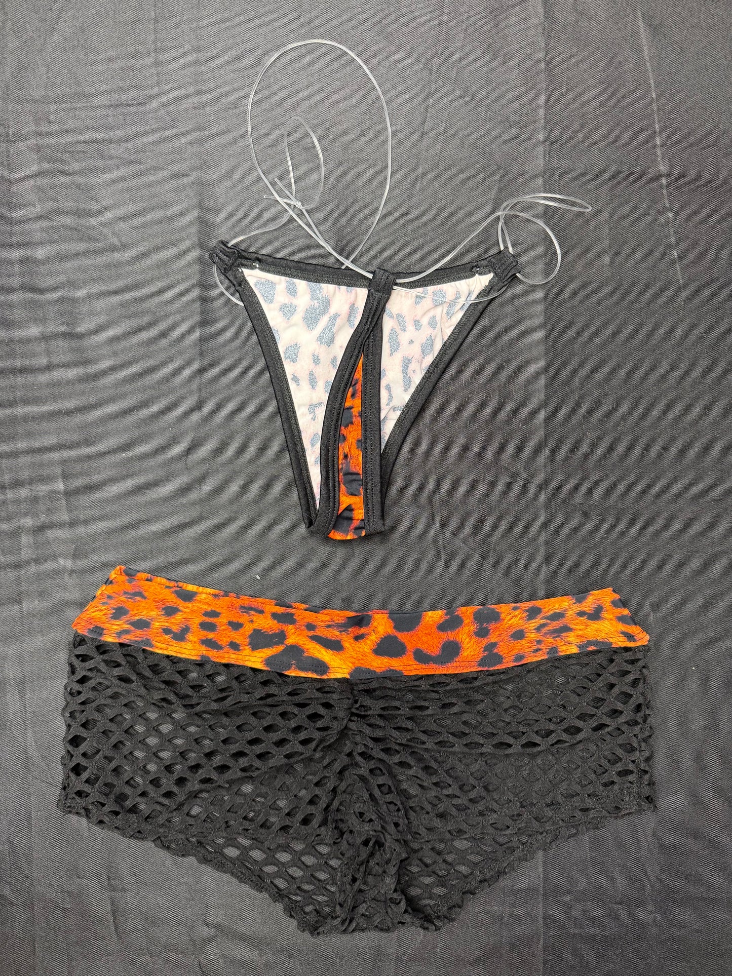 Animal Print/Black Spandex Star Bikini Top/Shorts Three-Piece Lingerie Outfit