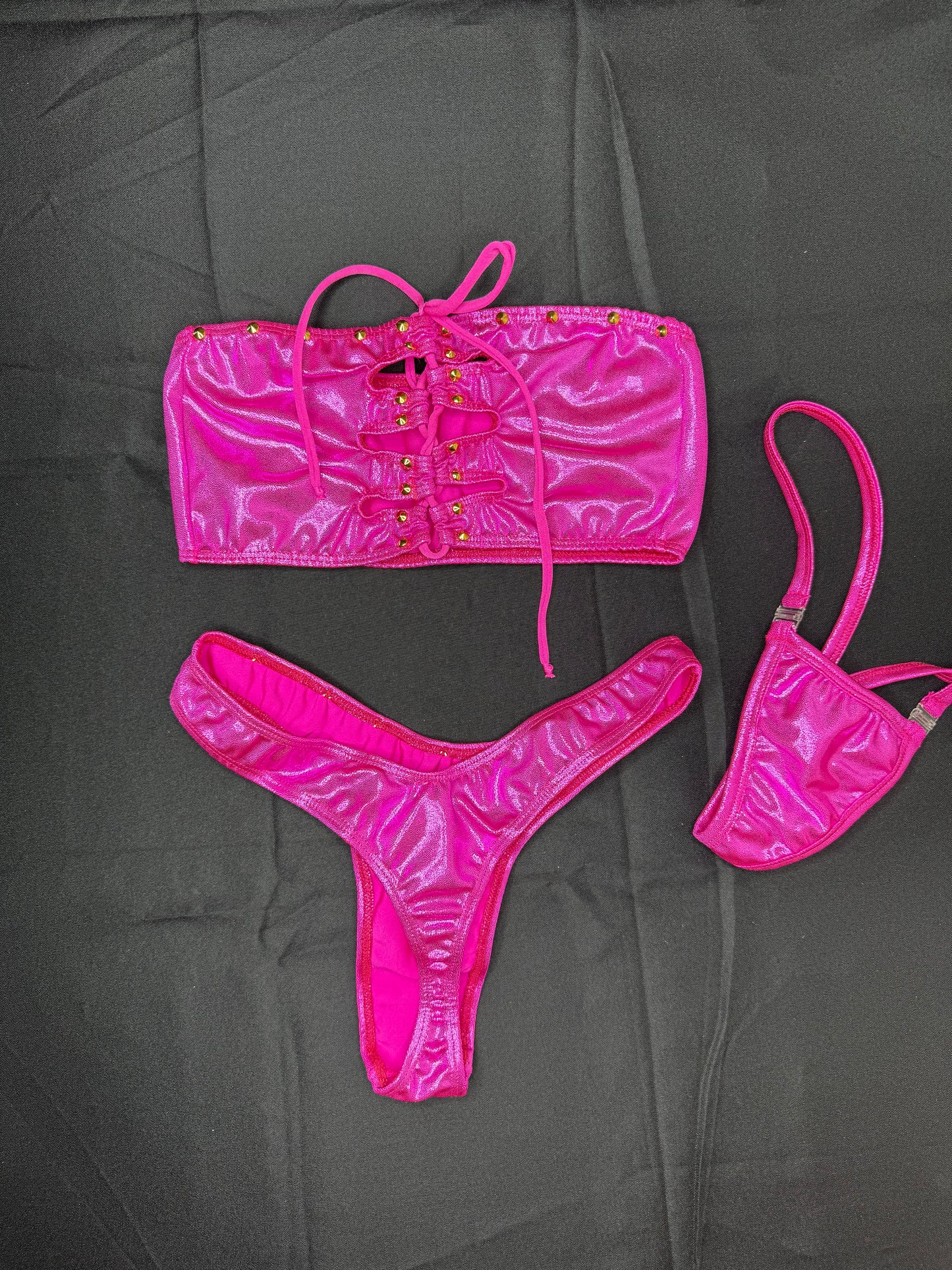 Metallic Hot Pink Tube Top/Cheeky Thong Two-Piece Lingerie Outfit