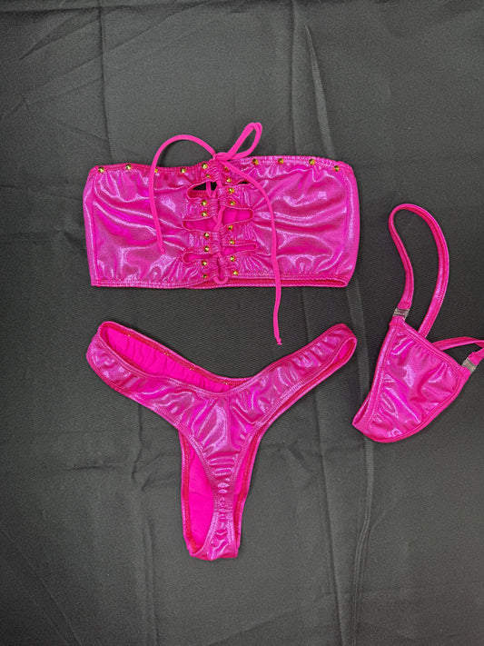 Metallic Hot Pink Tube Top/Cheeky Thong Two-Piece Lingerie Outfit