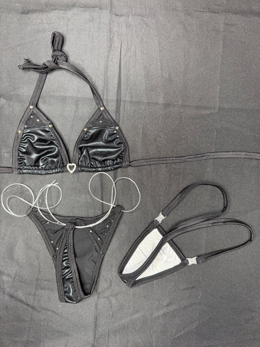 Metallic Black Spandex/Black Mesh Two-Piece Bikini Lingerie Outfit